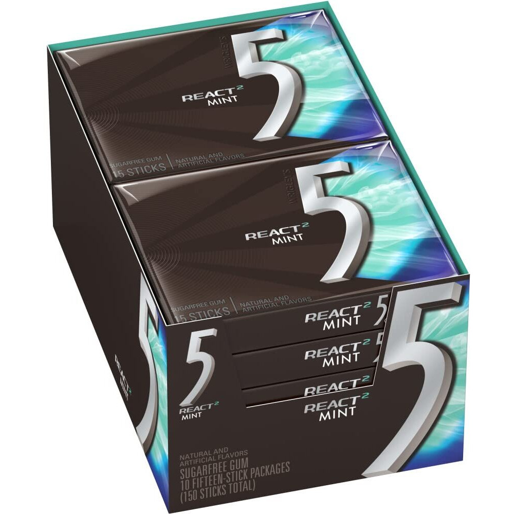 Wrigley's (10 Pack) 5 Gum React Mint Gum Sugar Free Chewing Gum Bulk, 15 Stick Box