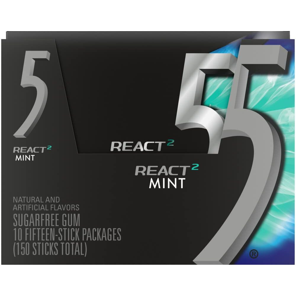 Wrigley's (10 Pack) 5 Gum React Mint Gum Sugar Free Chewing Gum Bulk, 15 Stick Box