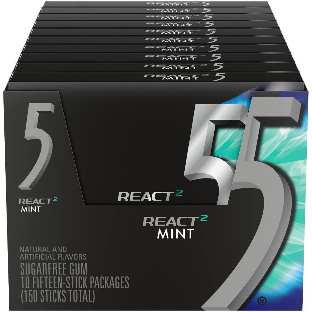 Wrigley's (10 Pack) 5 Gum React Mint Gum Sugar Free Chewing Gum Bulk, 15 Stick Box