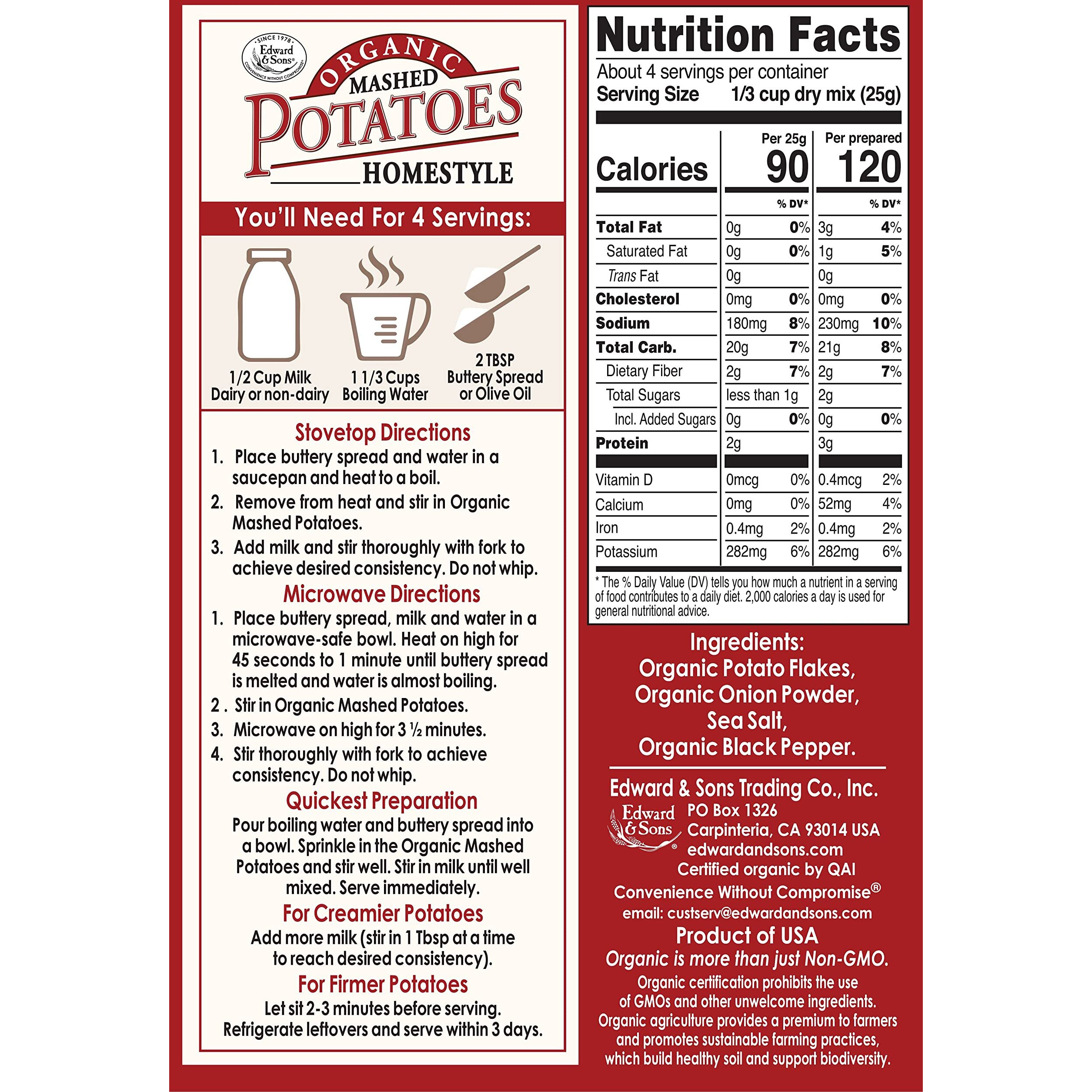 Edward & Sons Organic Mashed Potatoes Home Style, 3.5 Ounce Boxes (Pack Of 6)