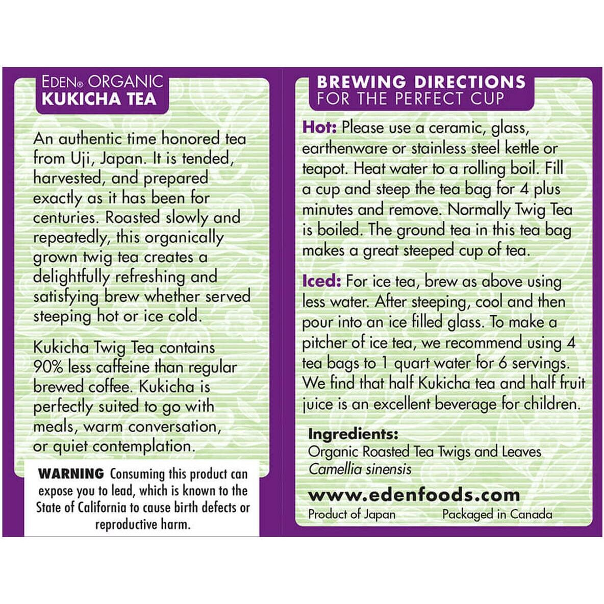 Eden Kukicha Organic Roasted Twig Tea, George Ohsawa Macrobiotic, Low Caffeine, 16 Unbleached Manila Tea Bags/Box
