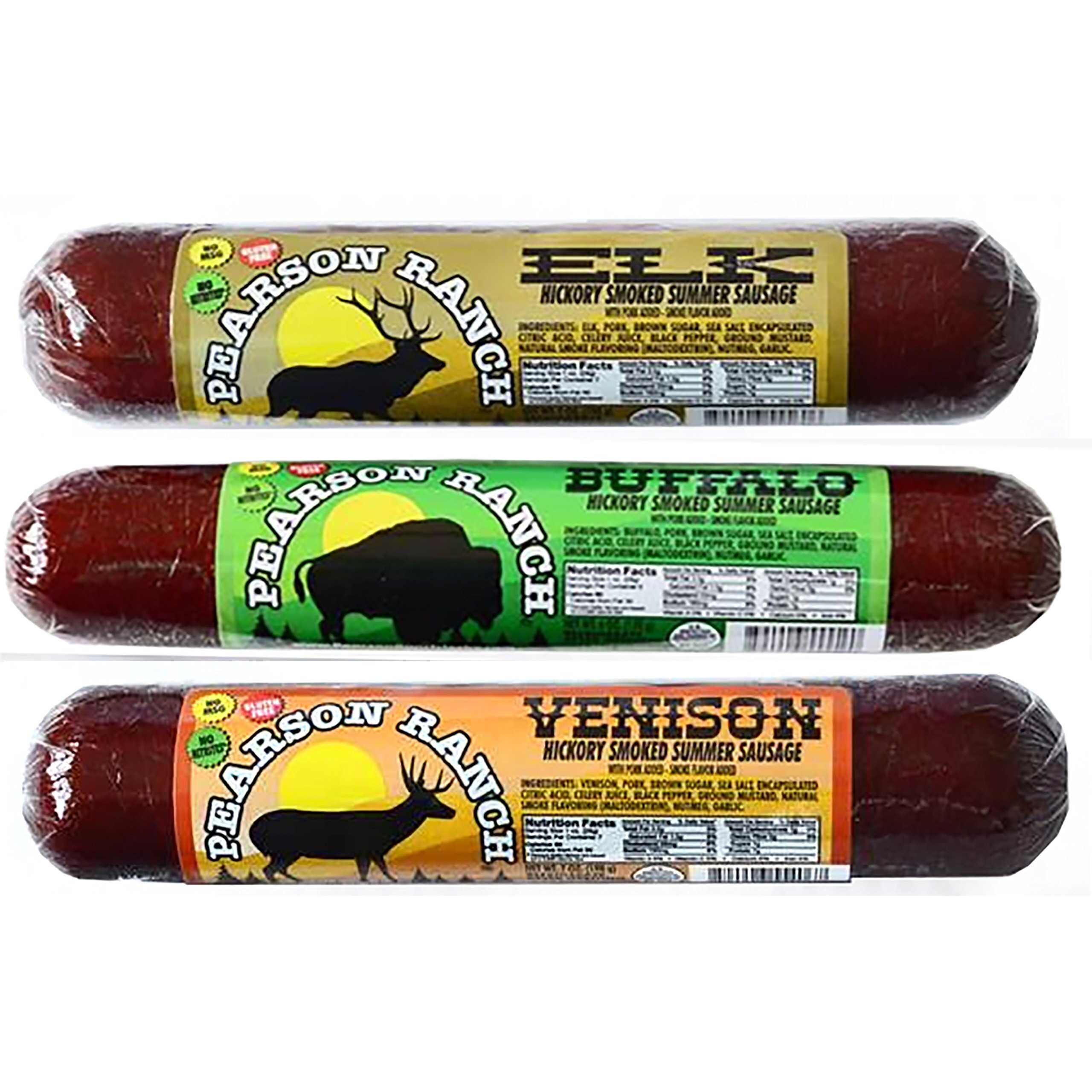 Pearson Ranch Since 1959 Game Meat Summer Sausage Variety Pack Of 3 Elk, Buffalo, Venison, Exotic Meat, Summer Sausage Pack, Gluten-Free, Msg-Free