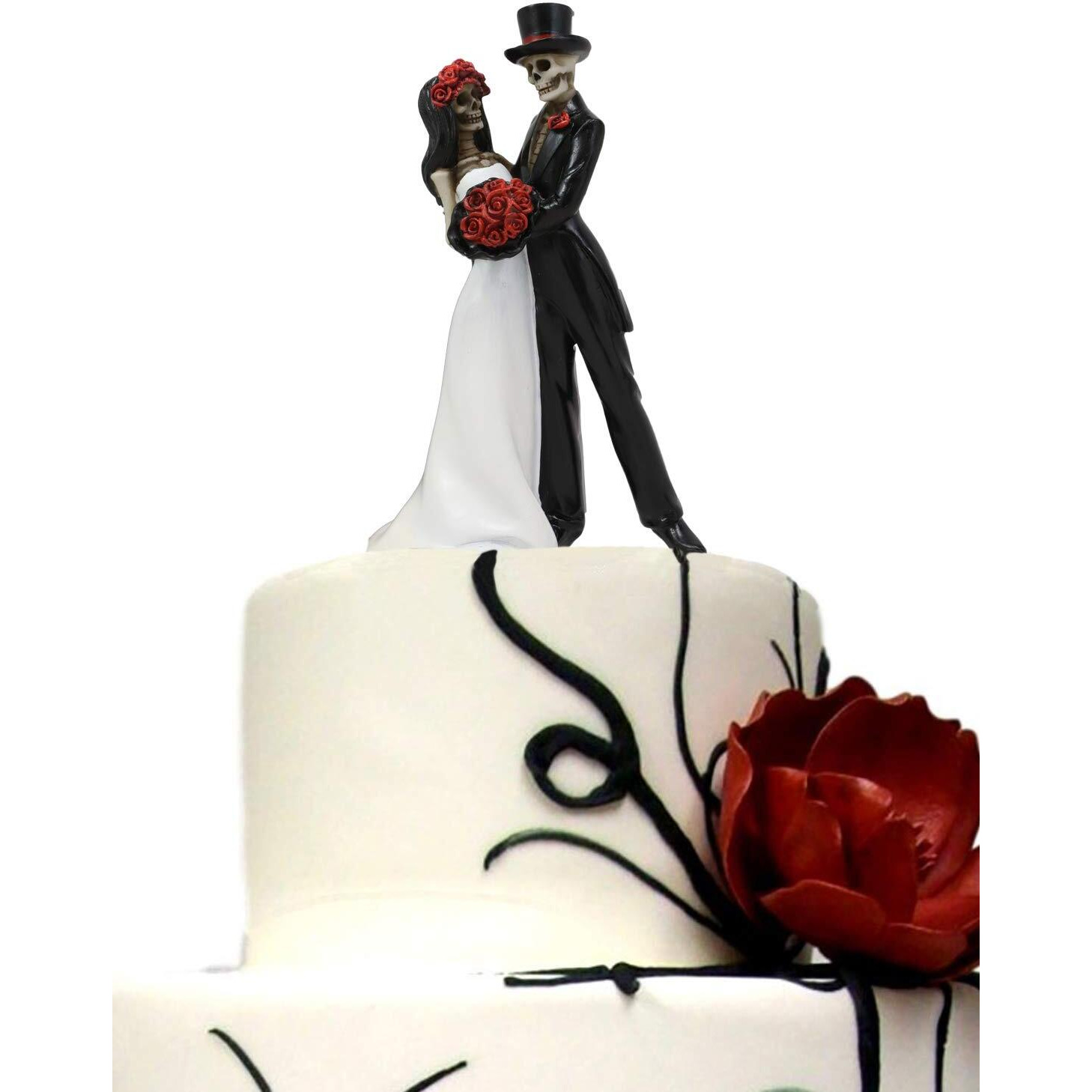 Ebros Day Of The Dead Wedding Dance Skeleton Bride And Groom Holding Red Roses Bouquet Figurine Cake Topper 6.25"&quotTall Love Never Dies Bridal Party Ceremony Skeletons Lovers