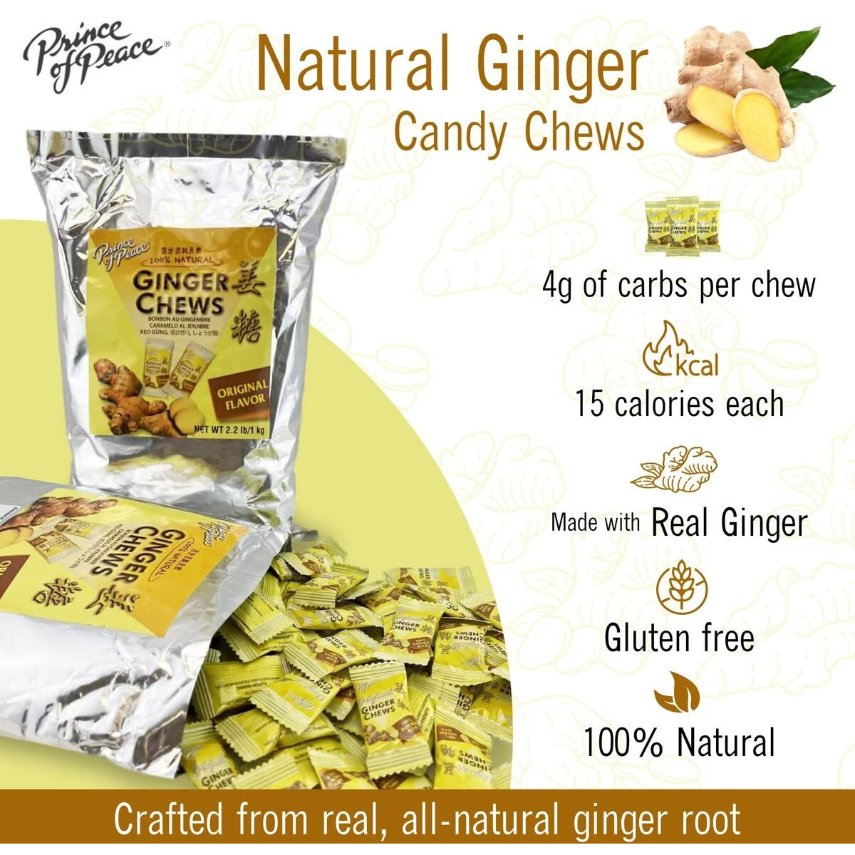 Prince Of Peace 100% Natural Ginger Candy Ginger Chews - Sweet Soft Candied Delights From Indonesia Made From Real Ginger Root, Non-Gmo, Vegan Candy Individually Wrapped Healthy Candy - Original Flavor 2.2Lb/1Kg