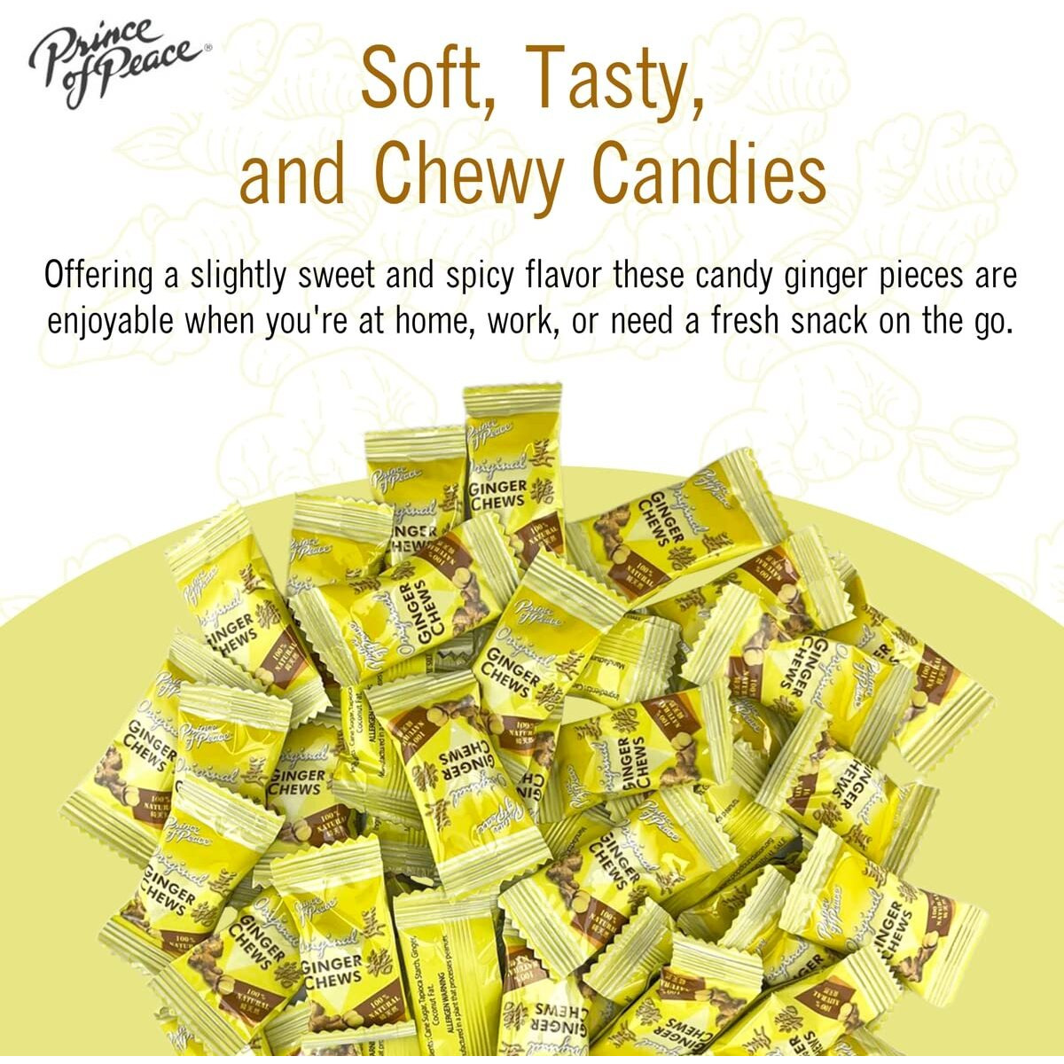 Prince Of Peace 100% Natural Ginger Candy Ginger Chews - Sweet Soft Candied Delights From Indonesia Made From Real Ginger Root, Non-Gmo, Vegan Candy Individually Wrapped Healthy Candy - Original Flavor 2.2Lb/1Kg