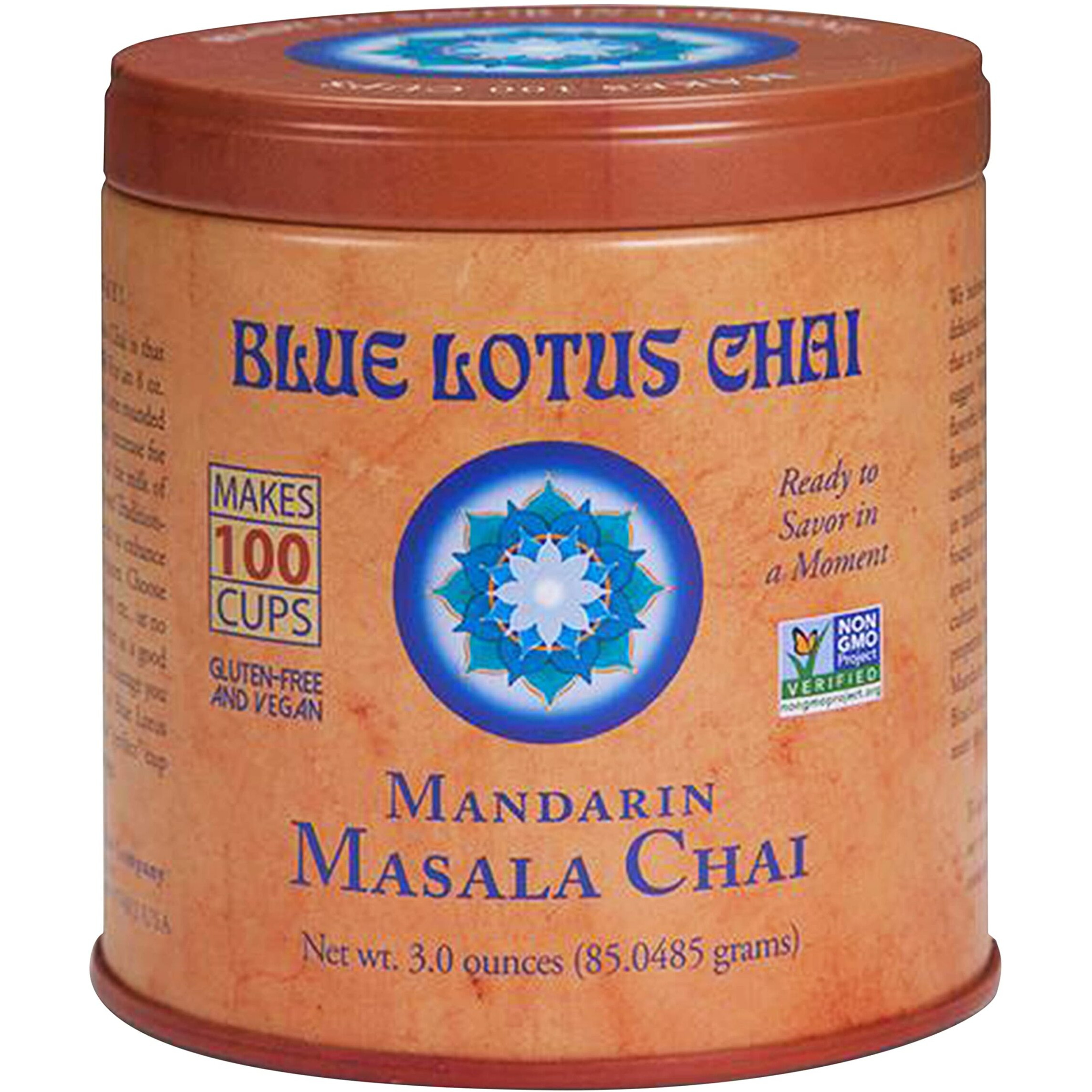 Blue Lotus Chai - Mandarin Flavor Masala Chai - Makes 100 Cups - 3 Ounce Masala Spiced Chai Powder With Organic Spices - Instant Indian Tea No Steeping - No Gluten
