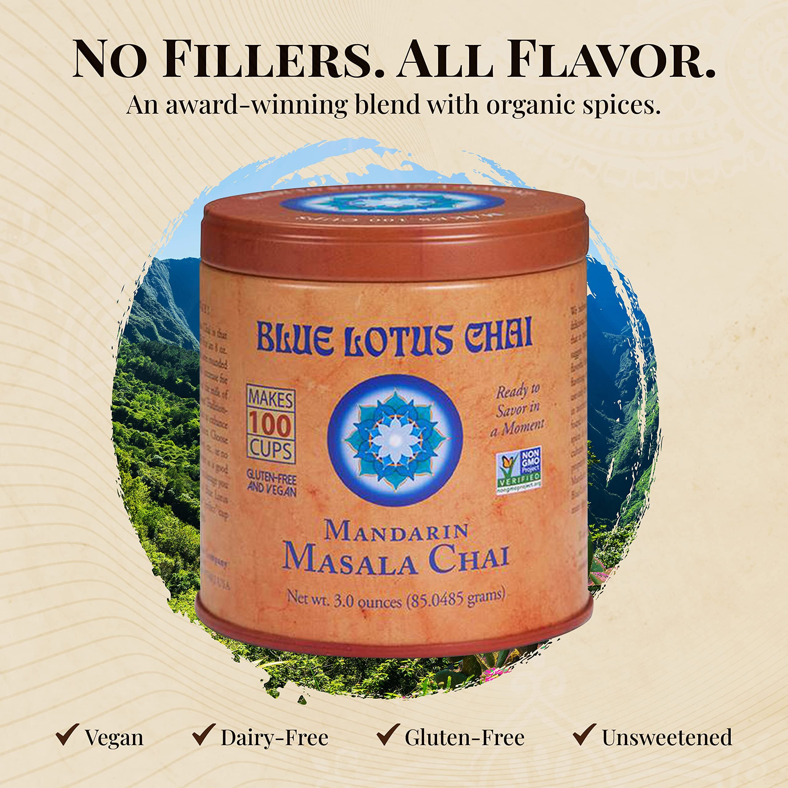 Blue Lotus Chai - Mandarin Flavor Masala Chai - Makes 100 Cups - 3 Ounce Masala Spiced Chai Powder With Organic Spices - Instant Indian Tea No Steeping - No Gluten