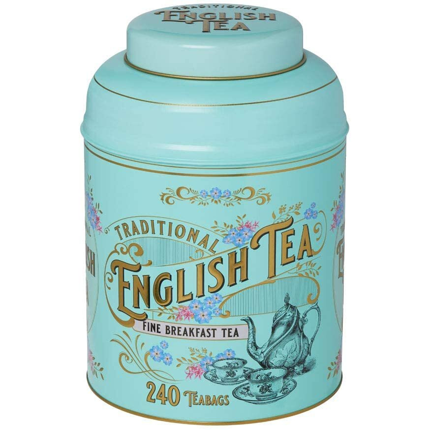New English Teas Vintage Victorian Tea Tin With 240 English Breakfast Teabags For Tea Lovers, Forget Me Not Florals & Classic Tea Set Design