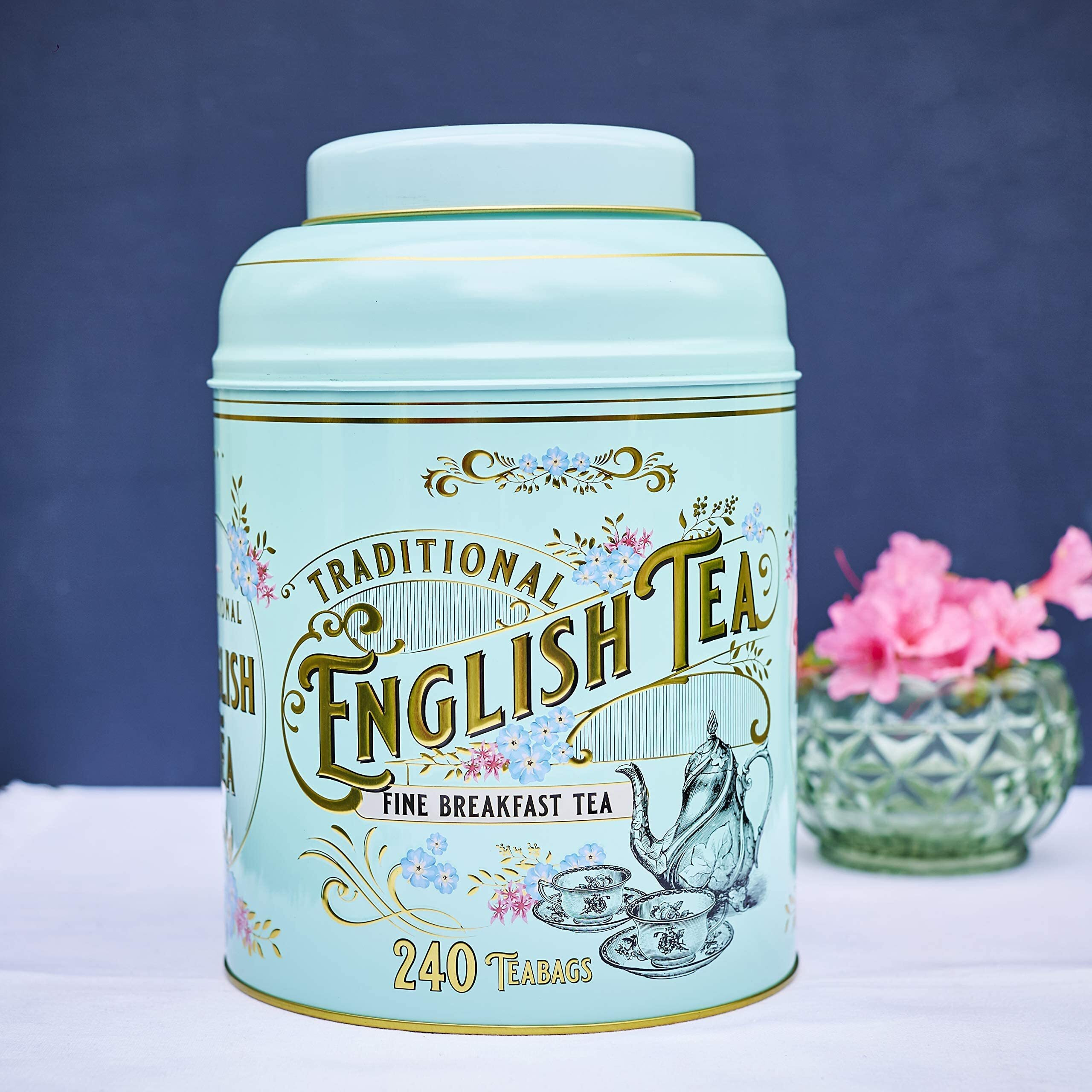 New English Teas Vintage Victorian Tea Tin With 240 English Breakfast Teabags For Tea Lovers, Forget Me Not Florals & Classic Tea Set Design