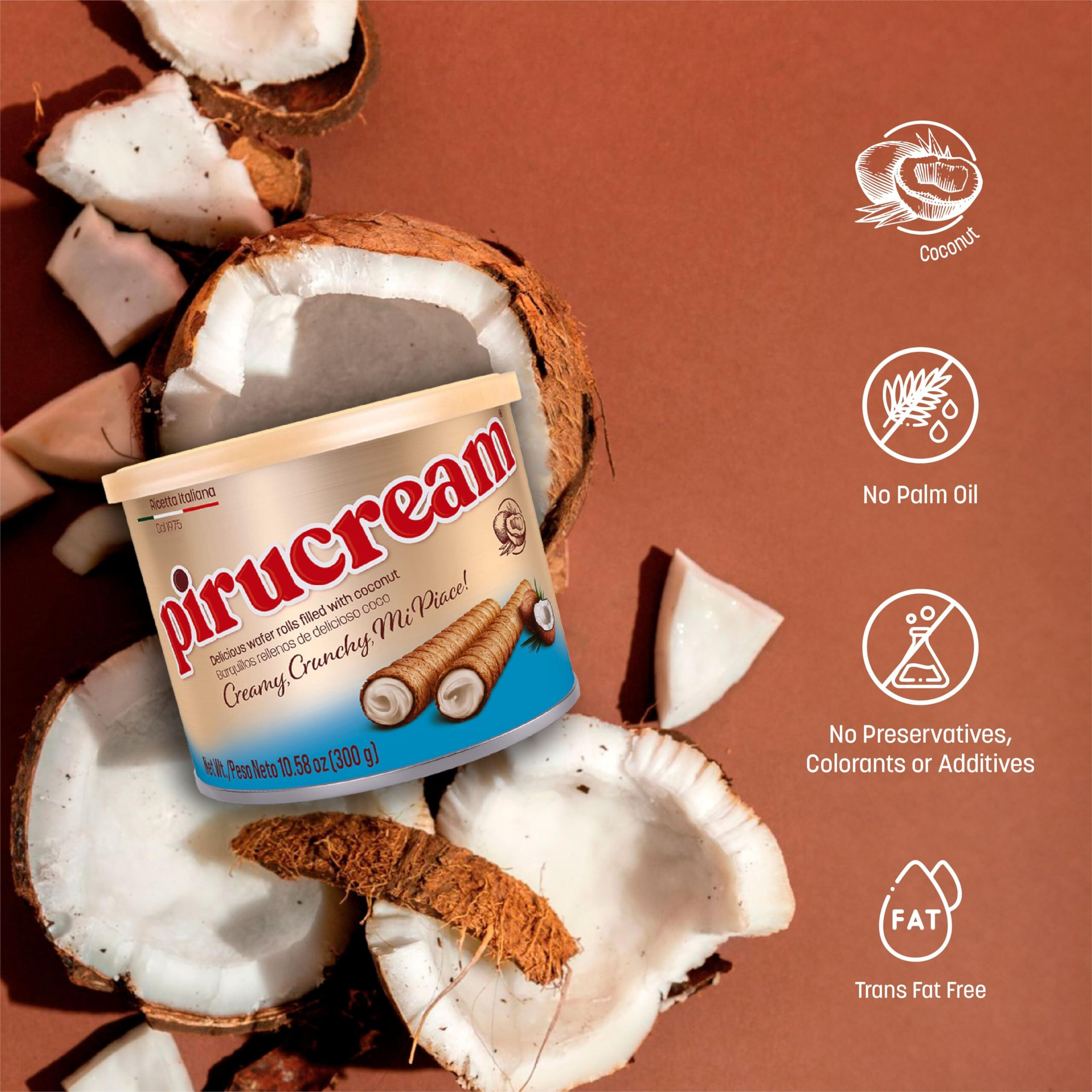 Pirucream Rolled Wafers With Coco Cream, Organic - No Trans-Fat, Preservatives, Colorants Or Additives And Without Palm Oil (300Gr/ 10.58Oz - 1 Pack Tin)