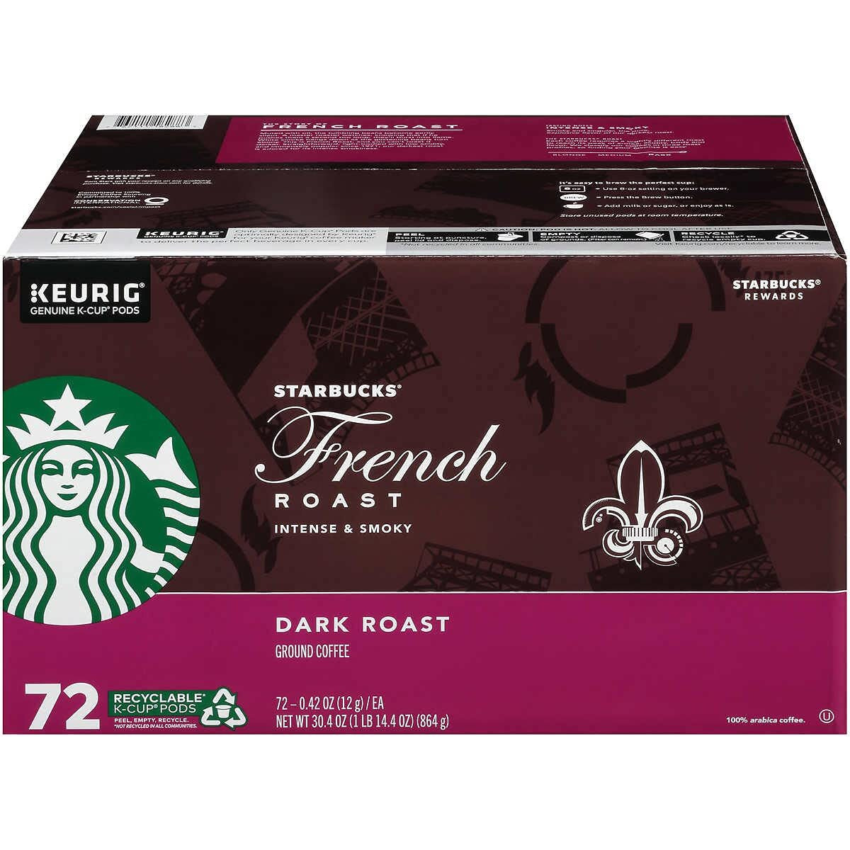 Starbucks French Roast Coffee K-Cup Pods, Dark Roast Ground Coffee K-Cups For Keurig Brewers, Intense & Smoky Flavor, 24 Ct K-Cup Pods/Box (Pack Of 3 Boxes)
