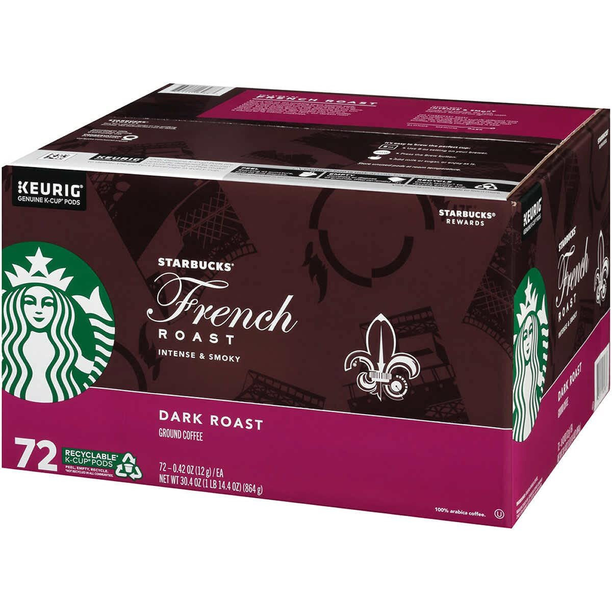 Starbucks French Roast Coffee K-Cup Pods, Dark Roast Ground Coffee K-Cups For Keurig Brewers, Intense & Smoky Flavor, 24 Ct K-Cup Pods/Box (Pack Of 3 Boxes)