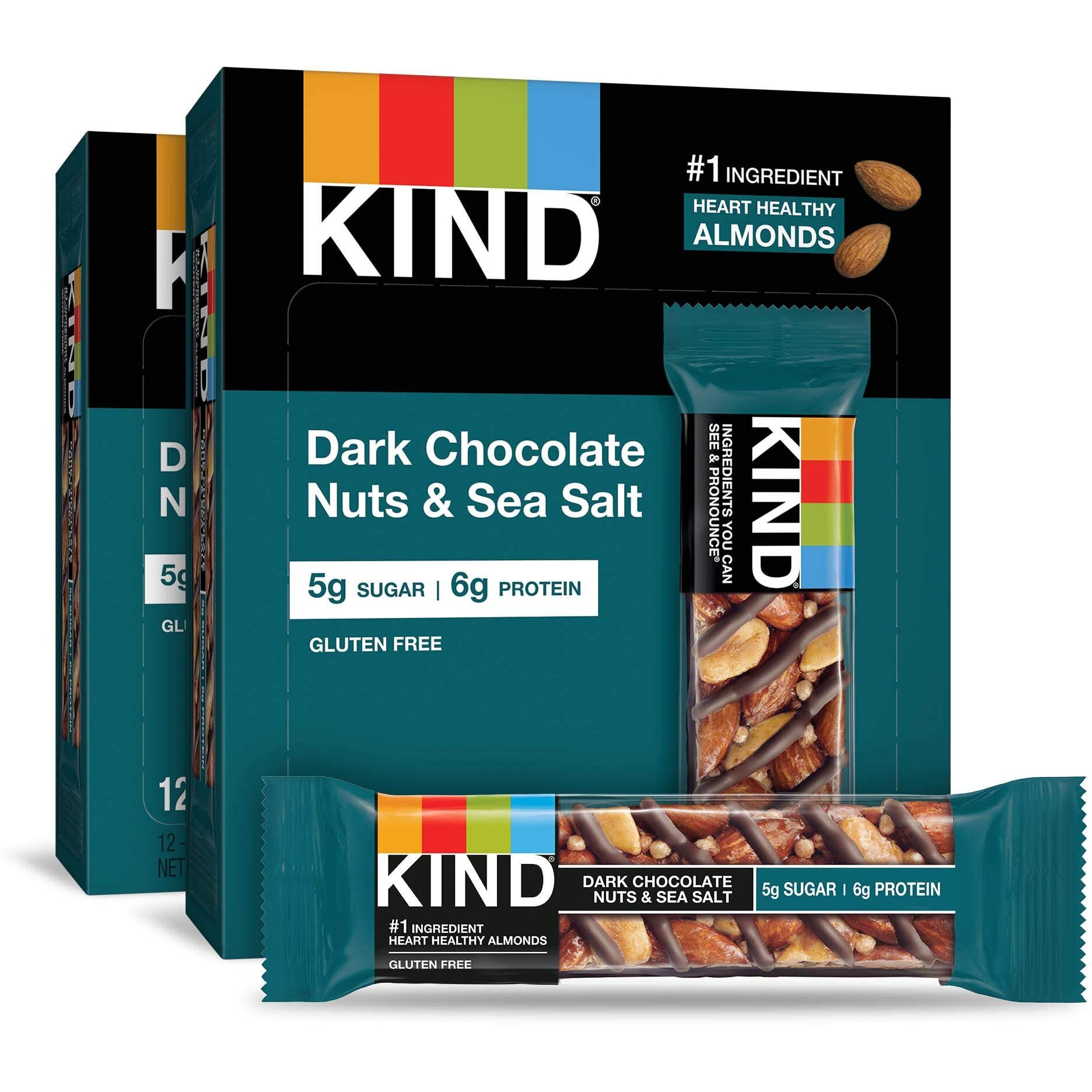 Kind Bars, Dark Chocolate Nuts & Sea Salt, Healthy Snacks, Gluten Free, Low Sugar, 6G Protein, 24 Count