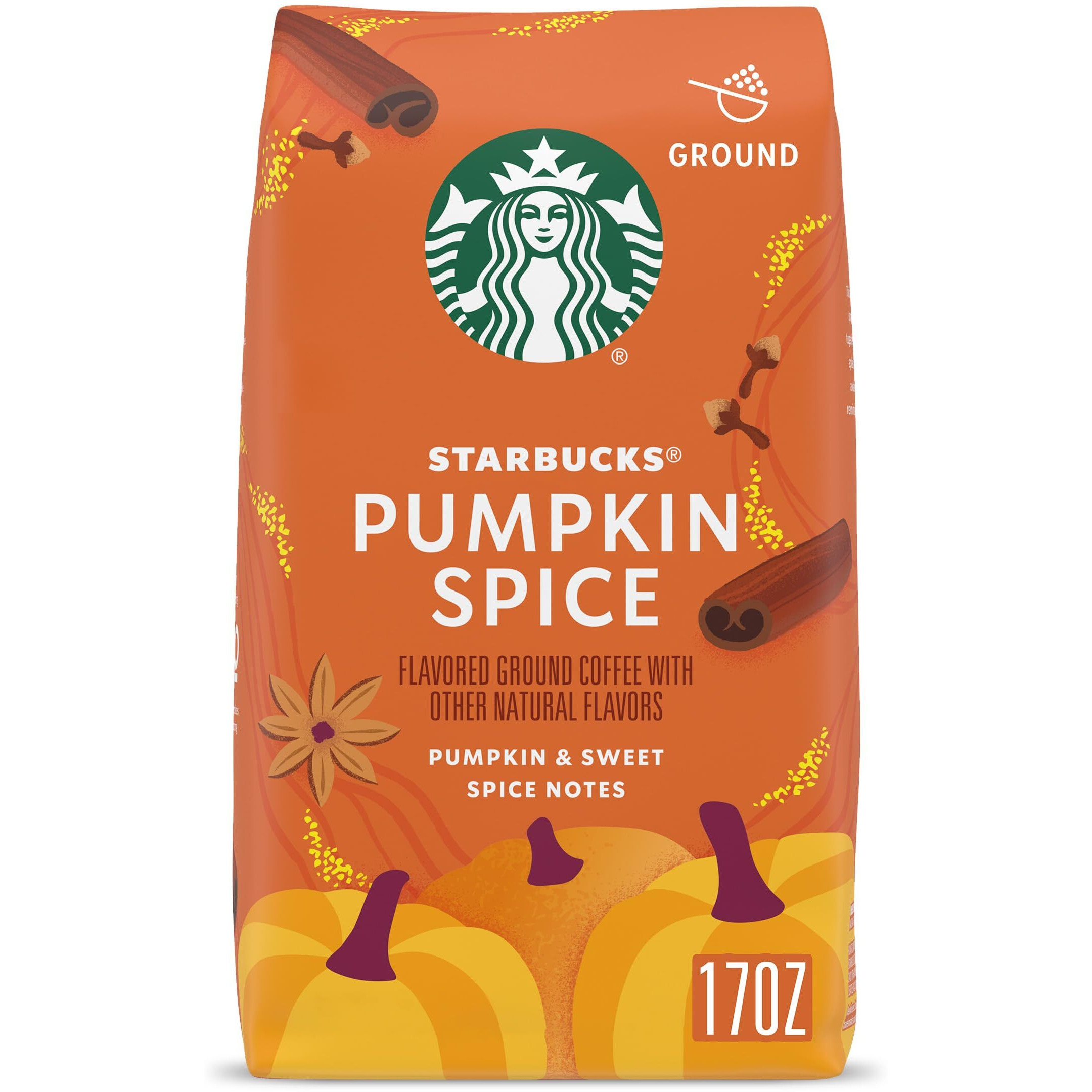 Starbucks Ground Coffee, Pumpkin Spice Naturally Flavored Coffee, 100% Arabica, Limited Edition, 1 Bag (17 Oz)