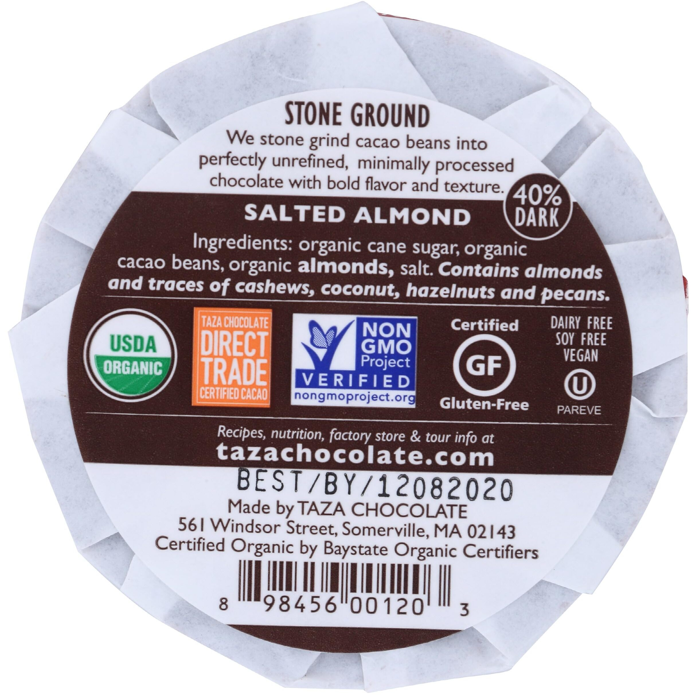 Taza Chocolate Organic Mexicano Disc 40% Dark Chocolate, Salted Almond, 2.7 Ounce (1 Count), Vegan