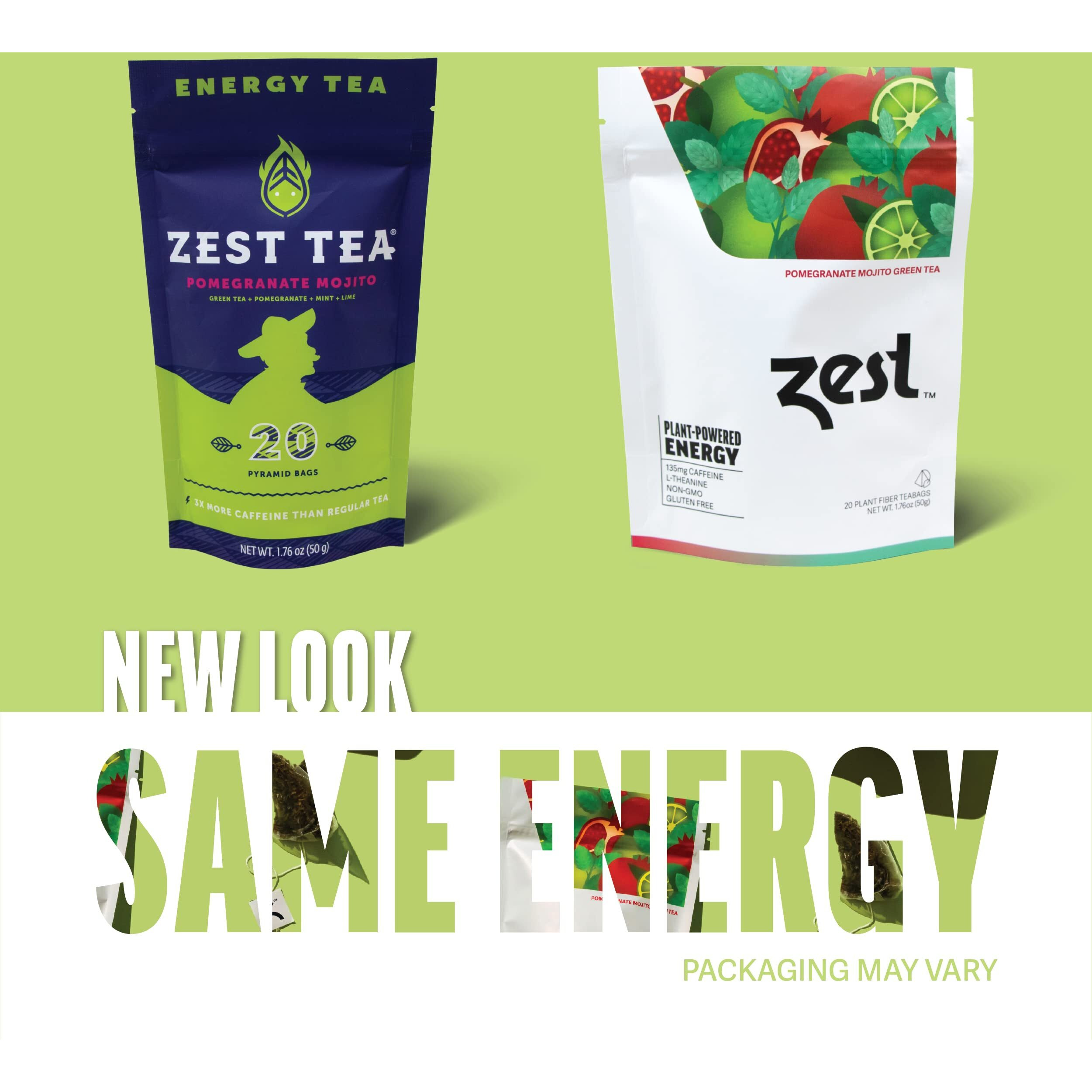 Zest 135Mg High Caffeine Energy Leaf Blend - Pomegranate Mojito Green Tea - 20 Pack Bag - All Natural Strong Flavored Healthy Coffee Alternative Highly Caffeinated Substitute - Perfect For Keto