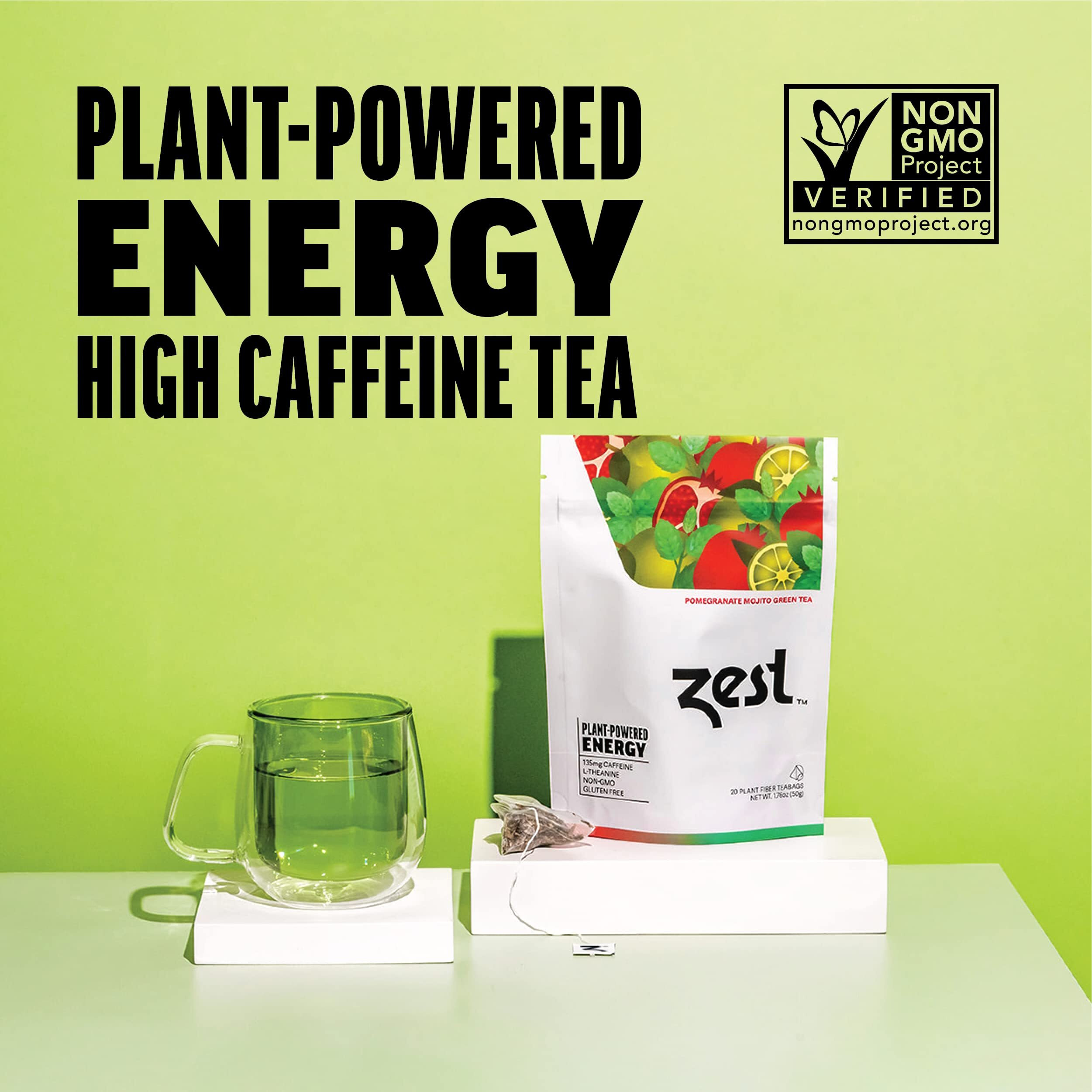 Zest 135Mg High Caffeine Energy Leaf Blend - Pomegranate Mojito Green Tea - 20 Pack Bag - All Natural Strong Flavored Healthy Coffee Alternative Highly Caffeinated Substitute - Perfect For Keto