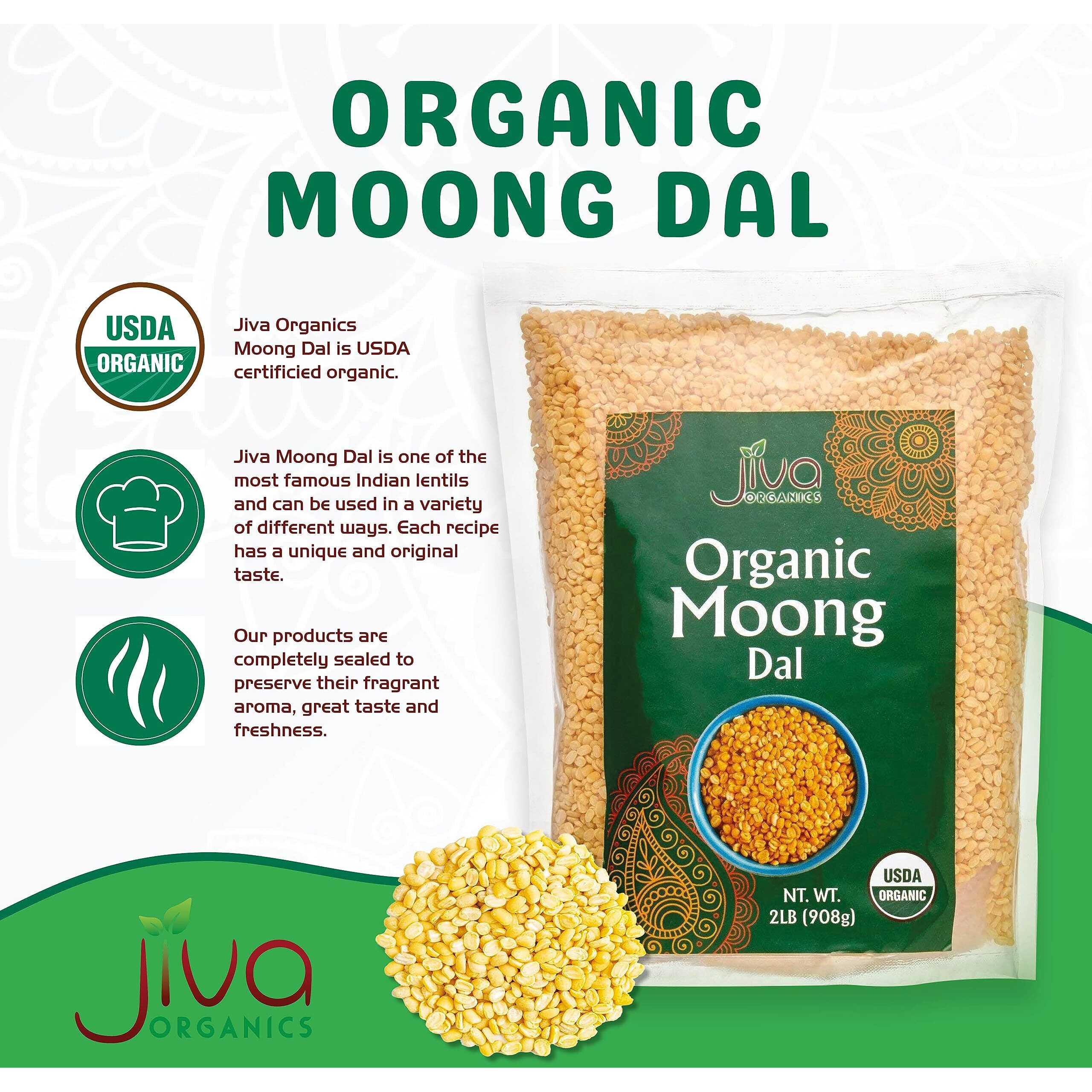 Jiva Organic Yellow Moong Dal 2 Pound - Non-Gmo - Great For Kitchari - Split Mung Beans Washed