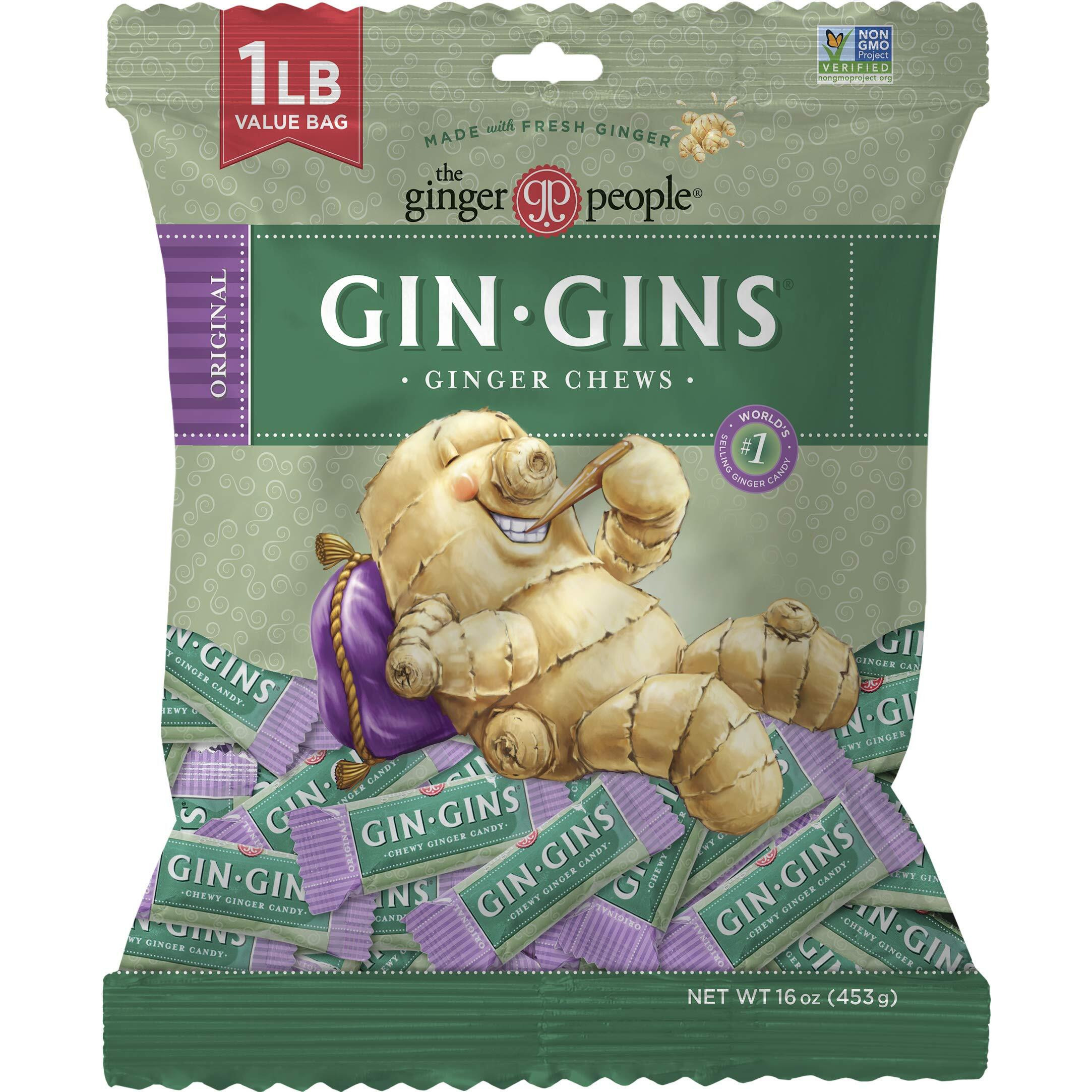 Gin Gins Original Chewy Ginger Candy By The Ginger People - Anti-Nausea And Digestion Aid, Individually Wrapped Healthy Candy - Original Ginger Flavor, Large 1 Lb Bag (16Oz) - Pack Of 1