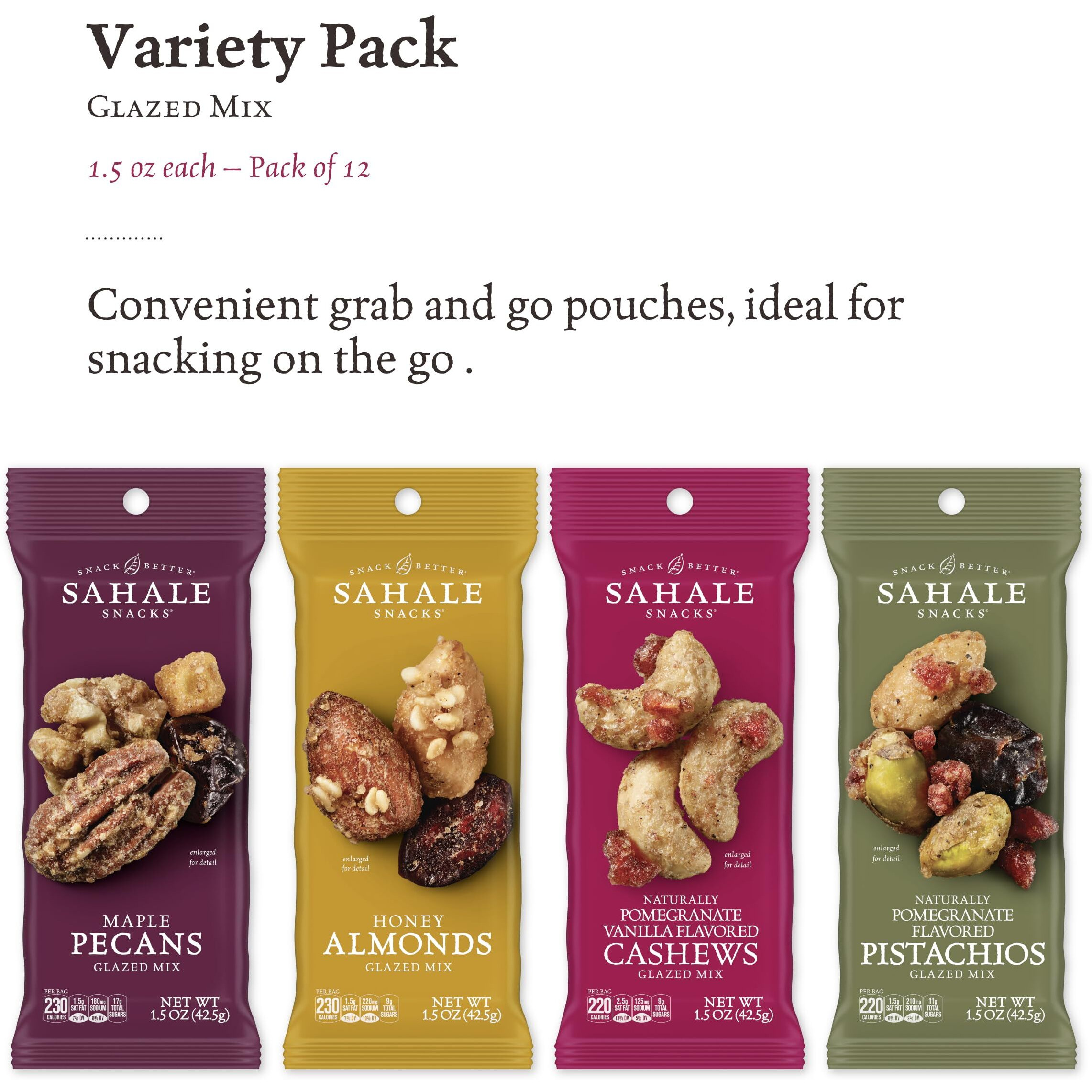 Sahale Snacks Glazed Mix Nut Blend Variety Pack, 1.5 Oz Grab & Go Bags (12 Total Packs) - Four Different Dry-Roasted Deluxe Mixed Nuts Blends Included - Non-Gmo Kosher & Certified Gluten-Free Snacks