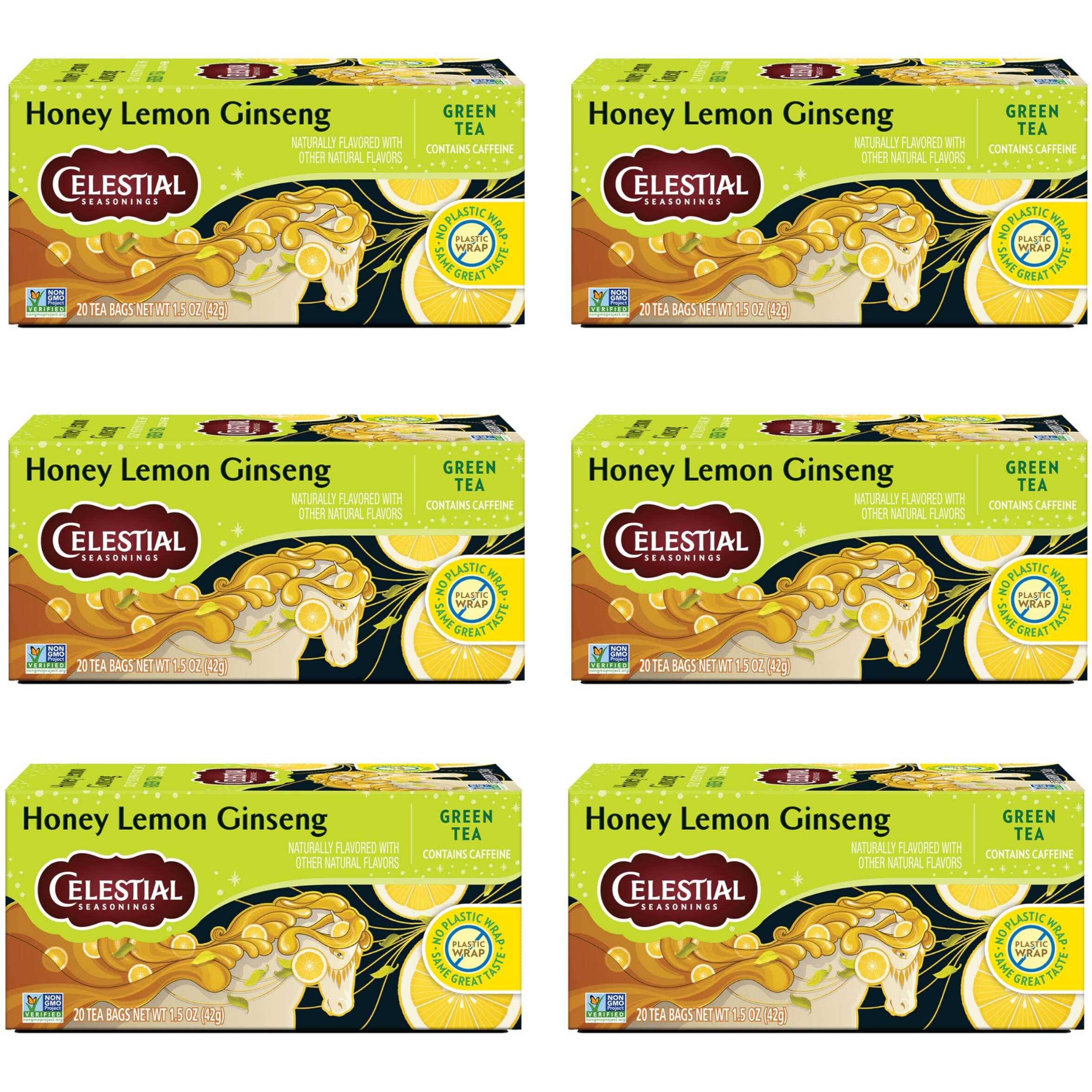 Celestial Seasonings Honey Lemon Ginseng Green Tea, Caffeinated, 20 Tea Bags Box, (Pack Of 6)