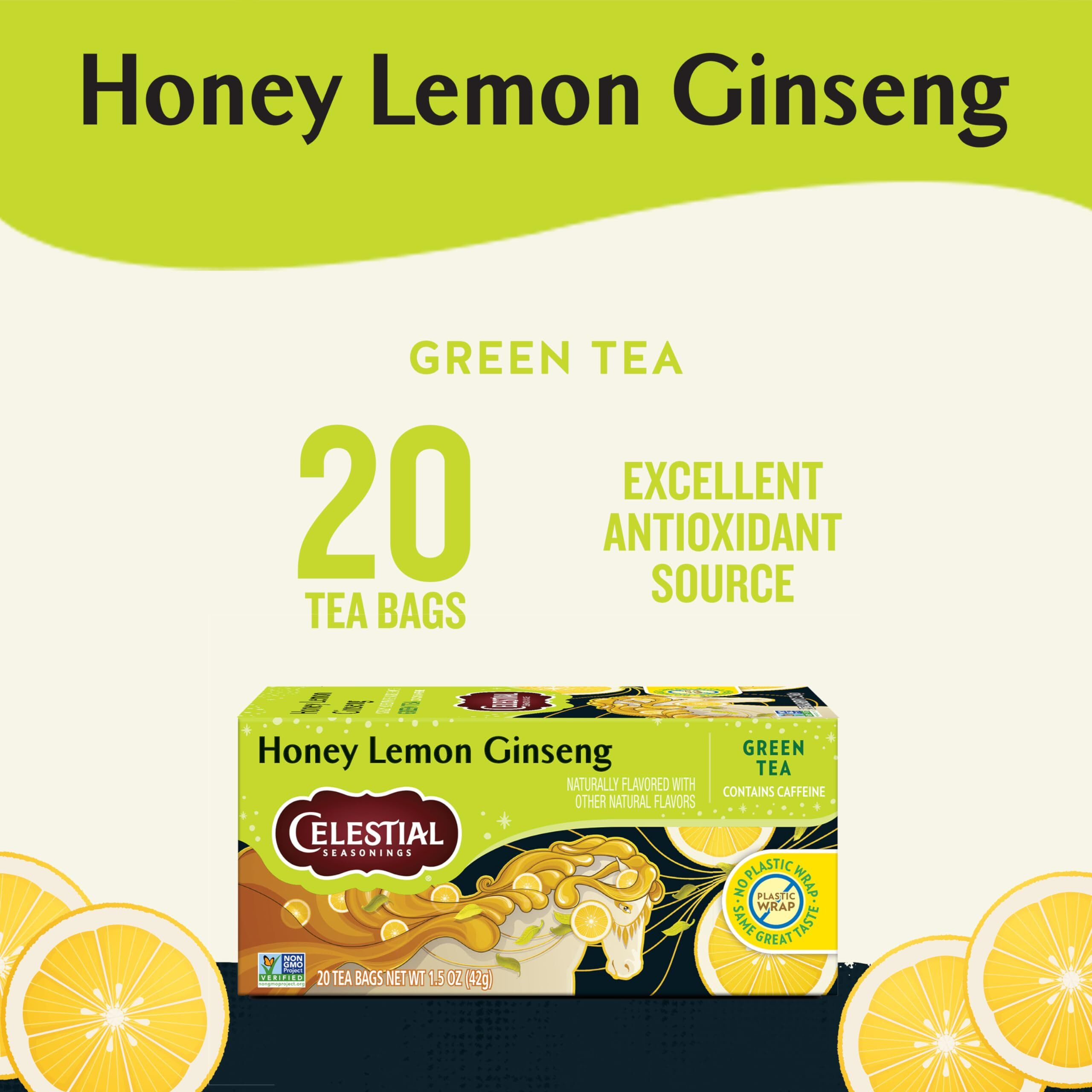 Celestial Seasonings Honey Lemon Ginseng Green Tea, Caffeinated, 20 Tea Bags Box, (Pack Of 6)