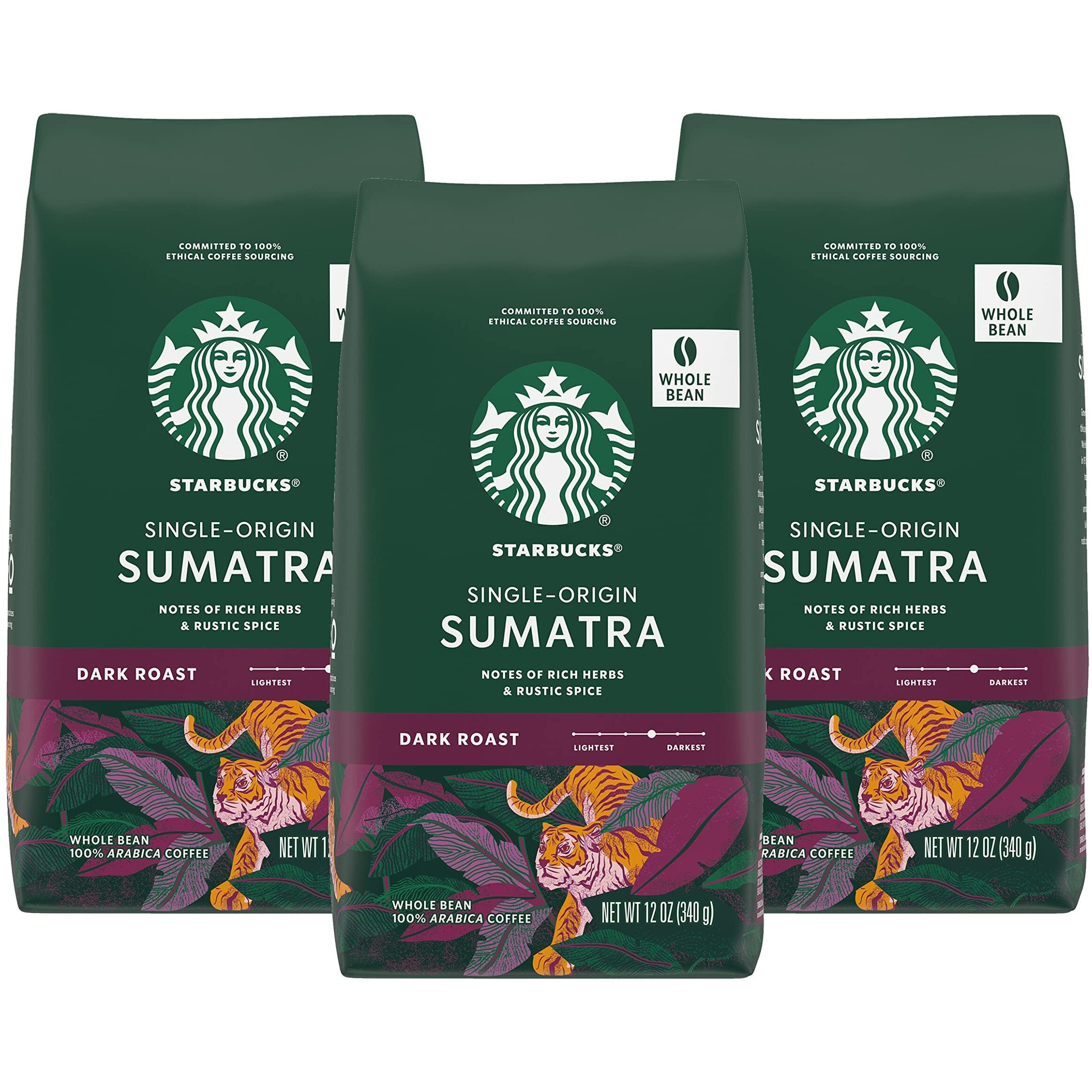 Starbucks Sumatra Coffee, Whole Bean, 12-Ounce Bags (Pack Of 3)