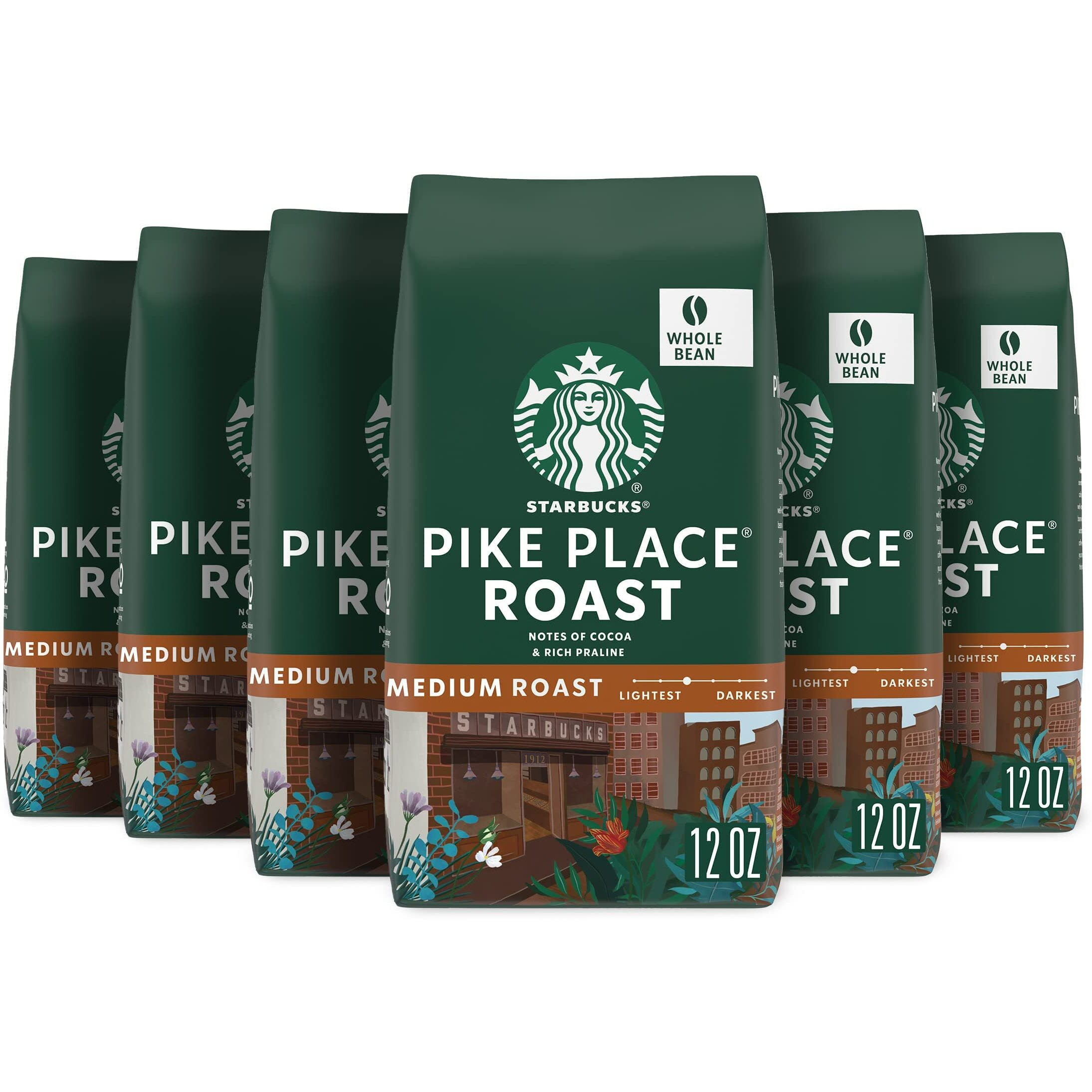 Starbucks Medium Roast Whole Bean Coffee - Pike Place Roast - 6 Bags (12 Oz. Each)