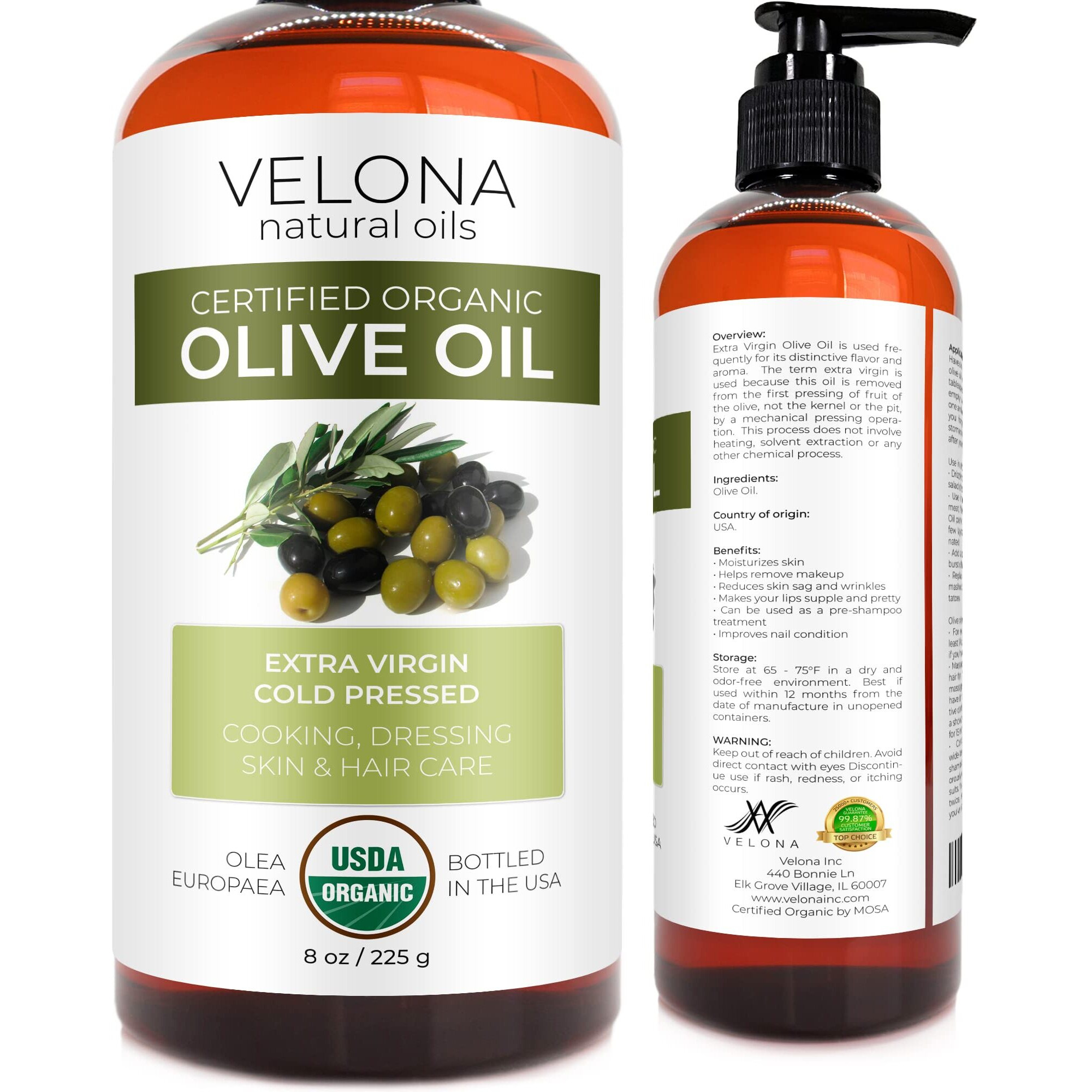 Velona Usda Certified Organic Olive Oil - 8 Oz | 100% Pure And Natural Carrier Oil | Extra Virgin, Unrefined, Cold Pressed | Cooking, Dressing, Face, Hair, Body & Skin Care | Use Today - Enjoy Results