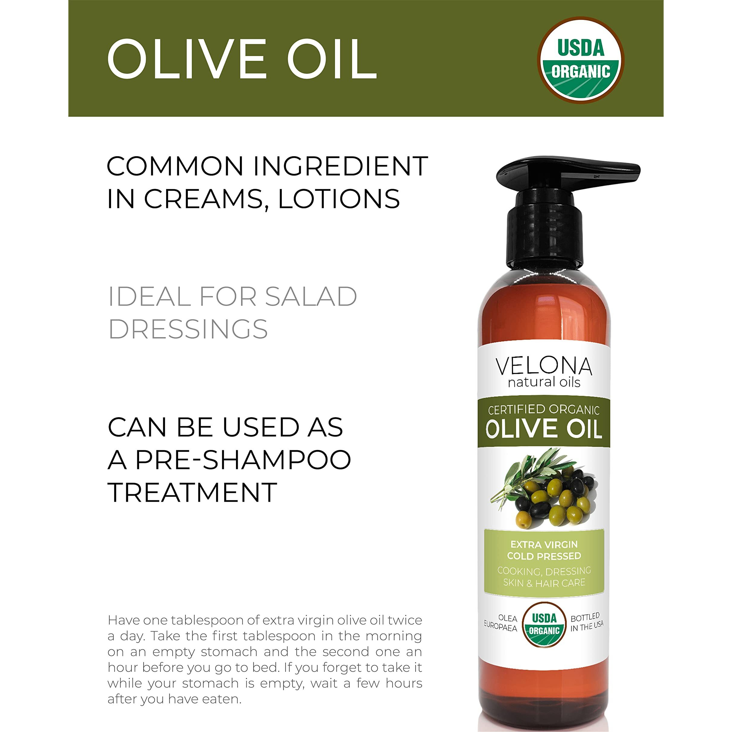 Velona Usda Certified Organic Olive Oil - 8 Oz | 100% Pure And Natural Carrier Oil | Extra Virgin, Unrefined, Cold Pressed | Cooking, Dressing, Face, Hair, Body & Skin Care | Use Today - Enjoy Results