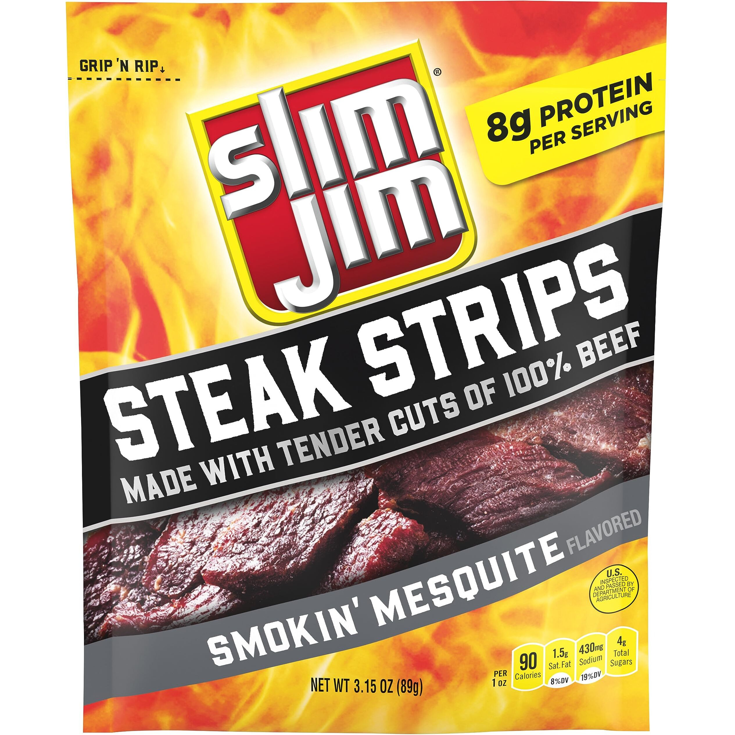Slim Jim Steakhouse Beef Steak Strips, Smokin' Mesquite Flavored Meat Snacks, Easy, On-The-Go School, Work And Travel Snacks, 3.15 Oz Bag