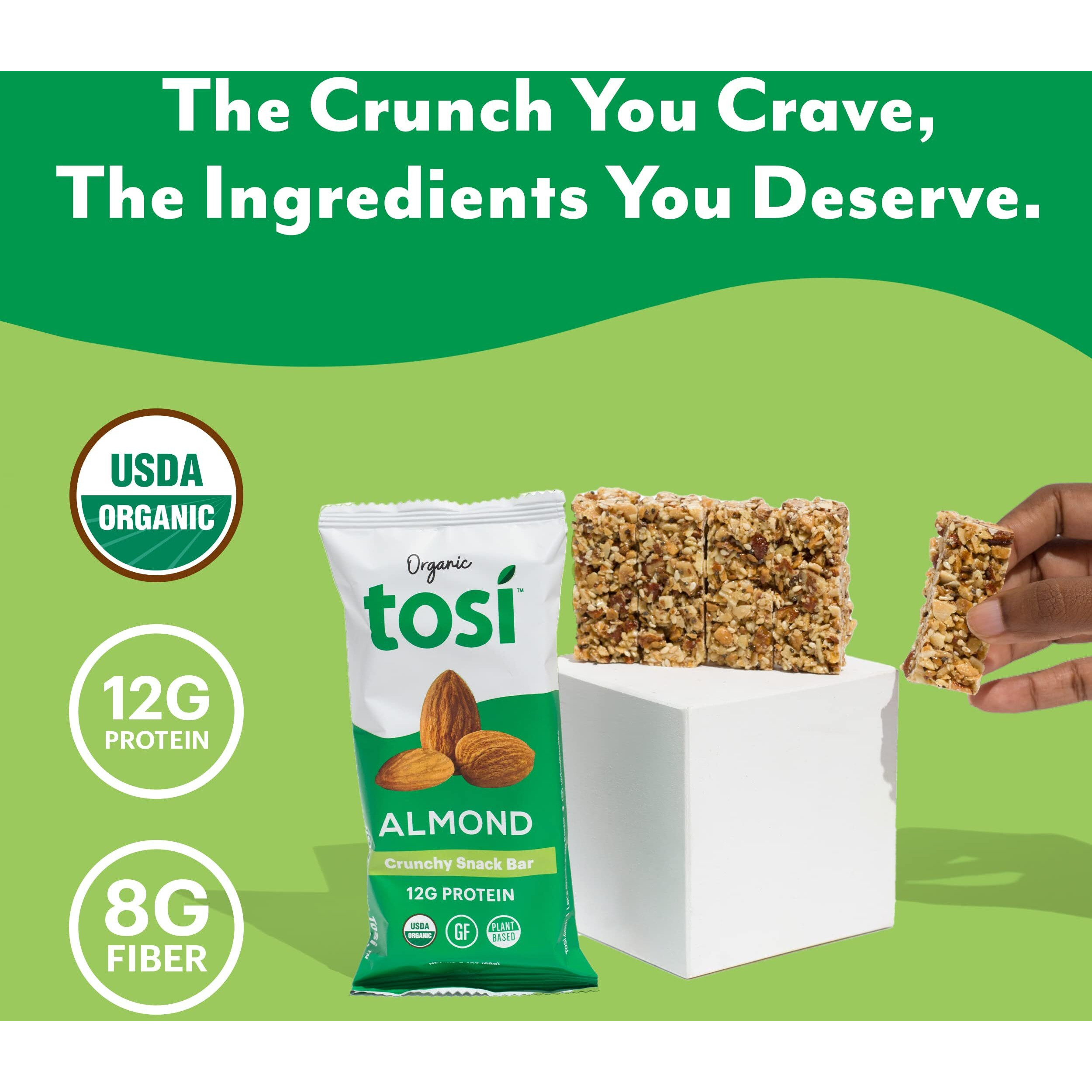Tosi Almond Protein Bars, Plant Based With Nuts, Gluten-Free Crunchy Snacks, Vegan, Organic, Flax & Chia Seeds, Soy-Free, Omega 3S, 12G Protein, 2.4 Oz, 12-Pack