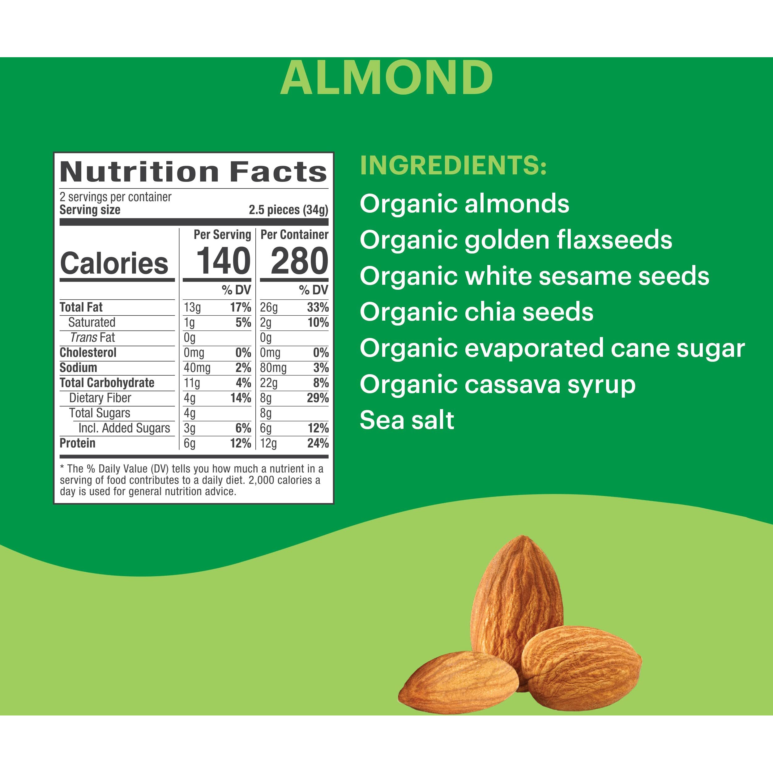 Tosi Almond Protein Bars, Plant Based With Nuts, Gluten-Free Crunchy Snacks, Vegan, Organic, Flax & Chia Seeds, Soy-Free, Omega 3S, 12G Protein, 2.4 Oz, 12-Pack