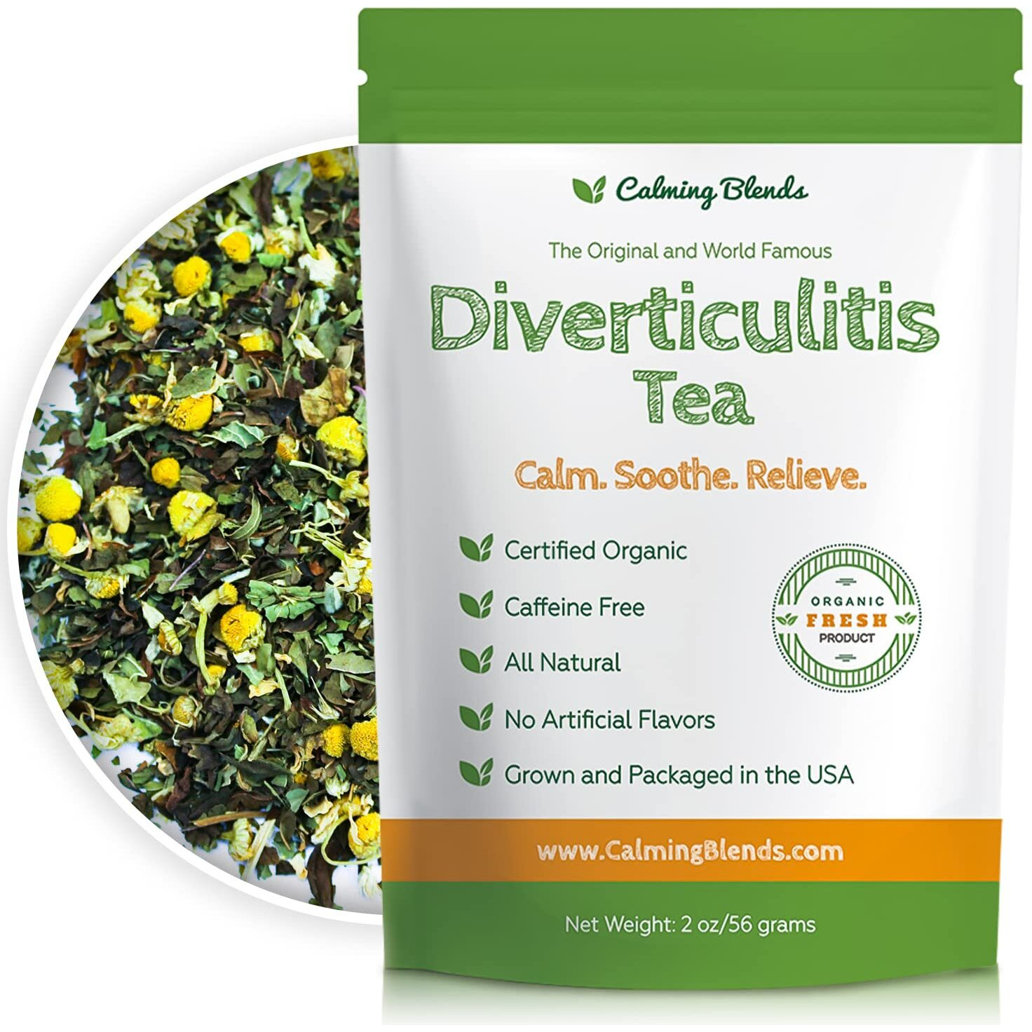 Calming Blends Diverticulitis Tea | Organic Loose Leaf Tea, Caffeine Free | 36 Cups | Made In Usa