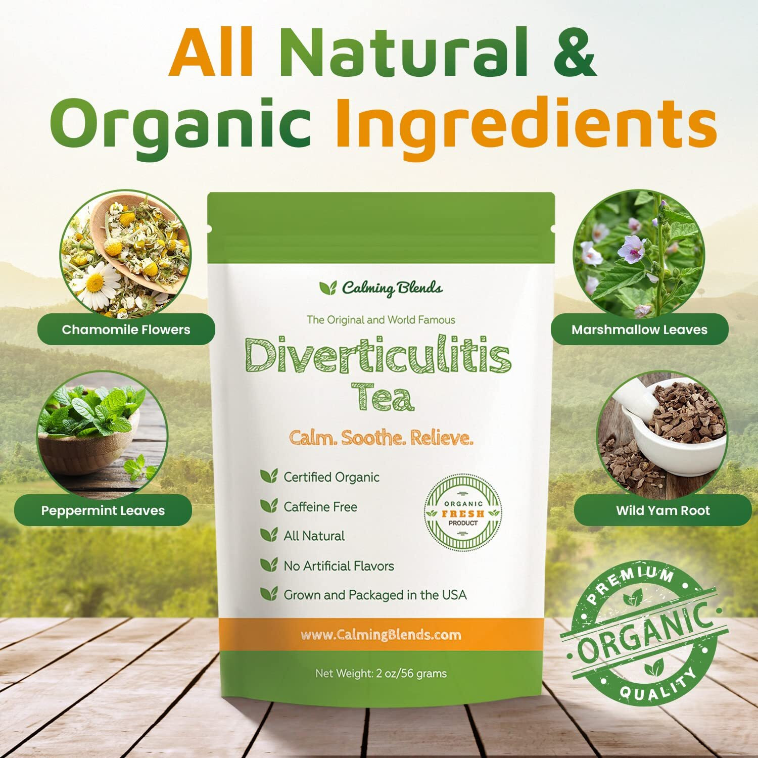Calming Blends Diverticulitis Tea | Organic Loose Leaf Tea, Caffeine Free | 36 Cups | Made In Usa