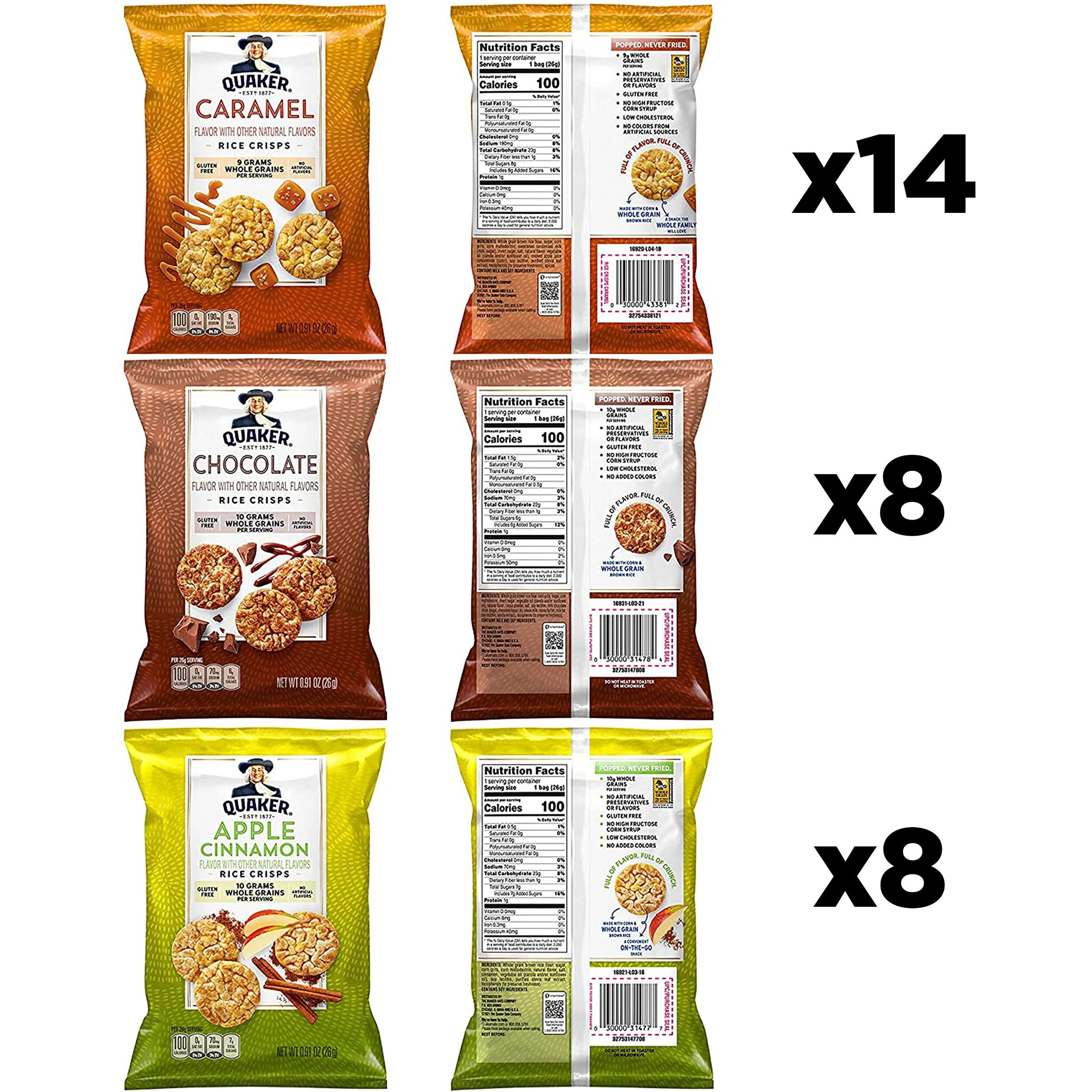 Quaker Rice Crisps, Gluten Free, 3 Flavor Sweet Variety Mix, 0.91Oz Bags (Pack Of 30)