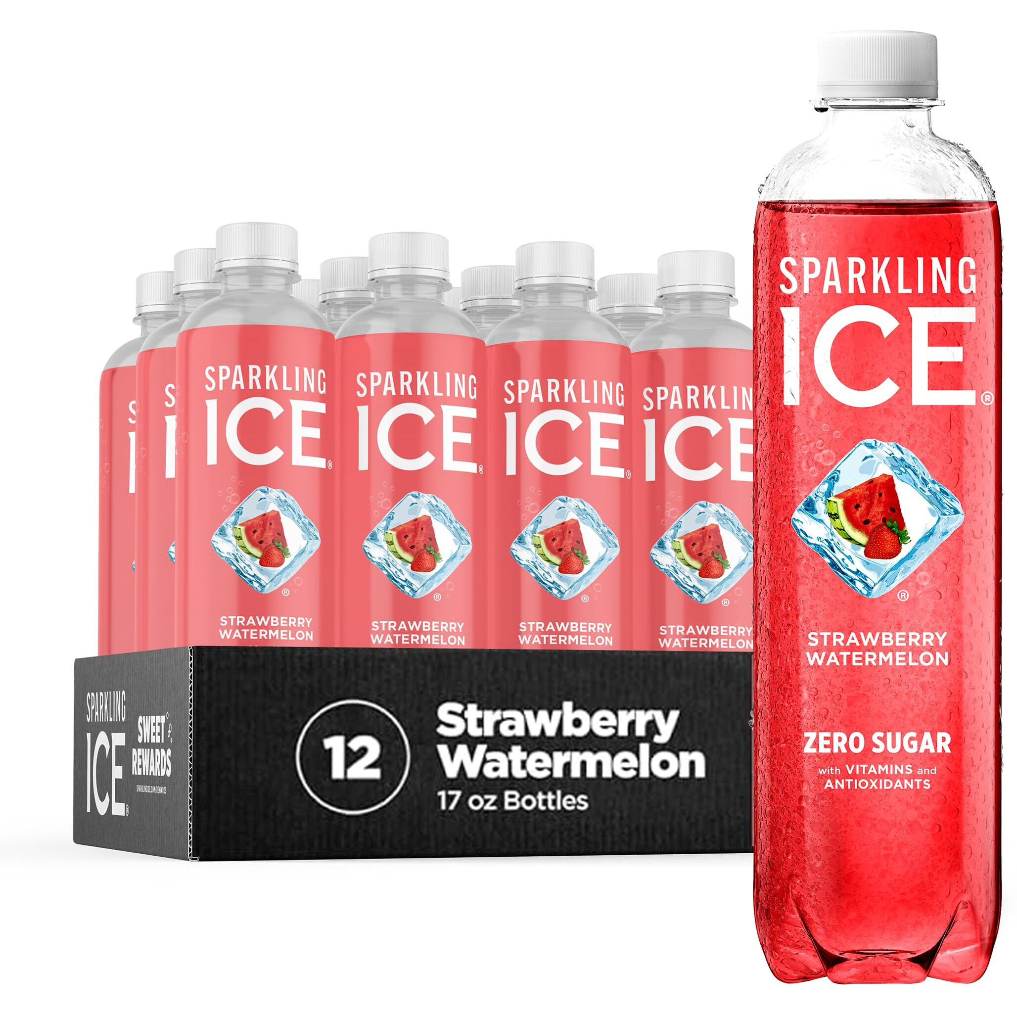 Sparkling Ice, Strawberry Watermelon Sparkling Water, Zero Sugar Flavored Water, With Vitamins And Antioxidants, Low Calorie Beverage, 17 Fl Oz Bottles (Pack Of 12)