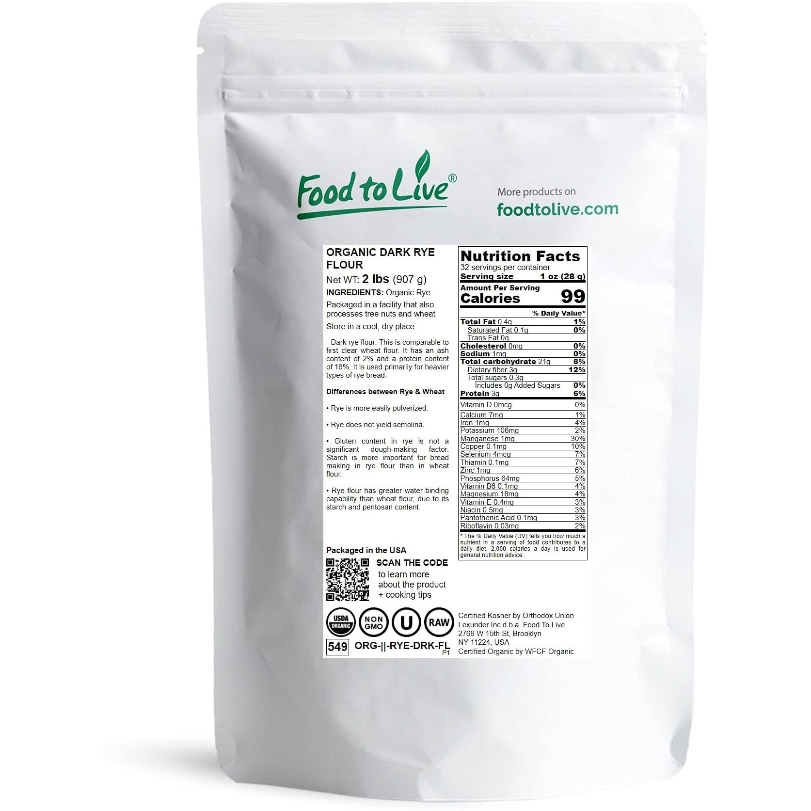 Food To Live Organic Dark Rye Flour, 2 Pounds - Whole Grain, Non-Gmo, Stone Ground, Kosher, Raw, Vegan, Bulk, Great For Baking Bread, Product Of The Usa