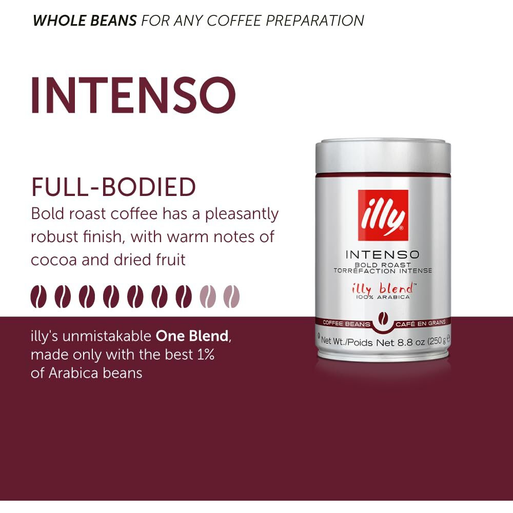 Illy Whole Bean Coffee - Perfectly Roasted Whole Coffee Beans - Intenso Dark Roast - Warm Notes Of Cocoa & Dried Fruit - Full-Bodied - 100% Arabica Coffee - No Preservatives - 8.8 Ounce