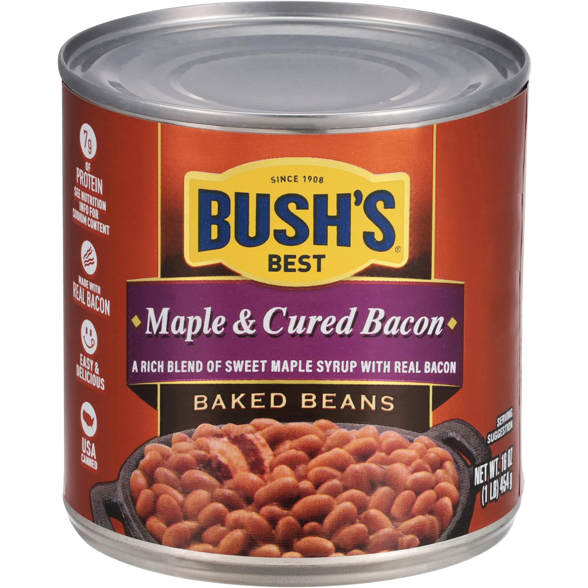 Bush's Best 16 Oz Canned Maple Cured Bacon Baked Beans Source Of Protein And Fiber, Low Fat, Gluten Free, (Pack Of 12)
