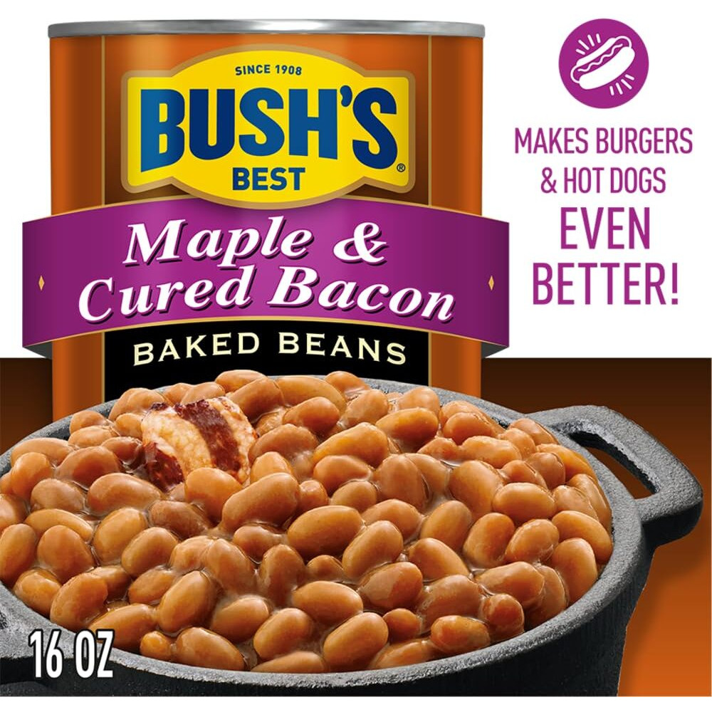 Bush's Best 16 Oz Canned Maple Cured Bacon Baked Beans Source Of Protein And Fiber, Low Fat, Gluten Free, (Pack Of 12)