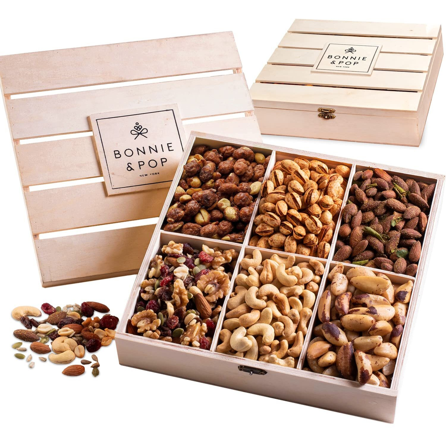 Nut Gift Basket, In Reusable Wooden Crate, Healthy Gift Option, Gourmet Snack Food Box, With Unique Flavors, Great For Feel Better, Sympathy & Birthday- Bonnie & Pop
