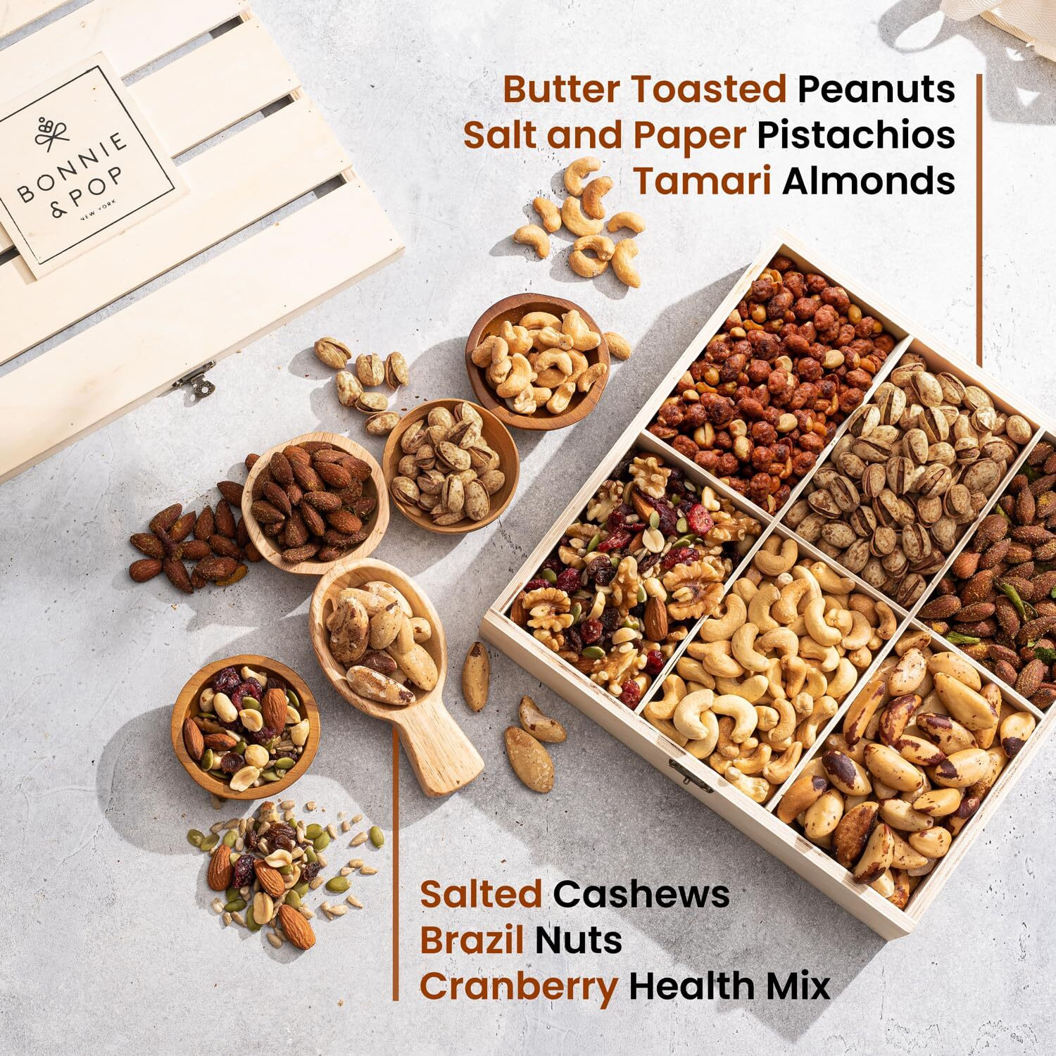 Nut Gift Basket, In Reusable Wooden Crate, Healthy Gift Option, Gourmet Snack Food Box, With Unique Flavors, Great For Feel Better, Sympathy & Birthday- Bonnie & Pop