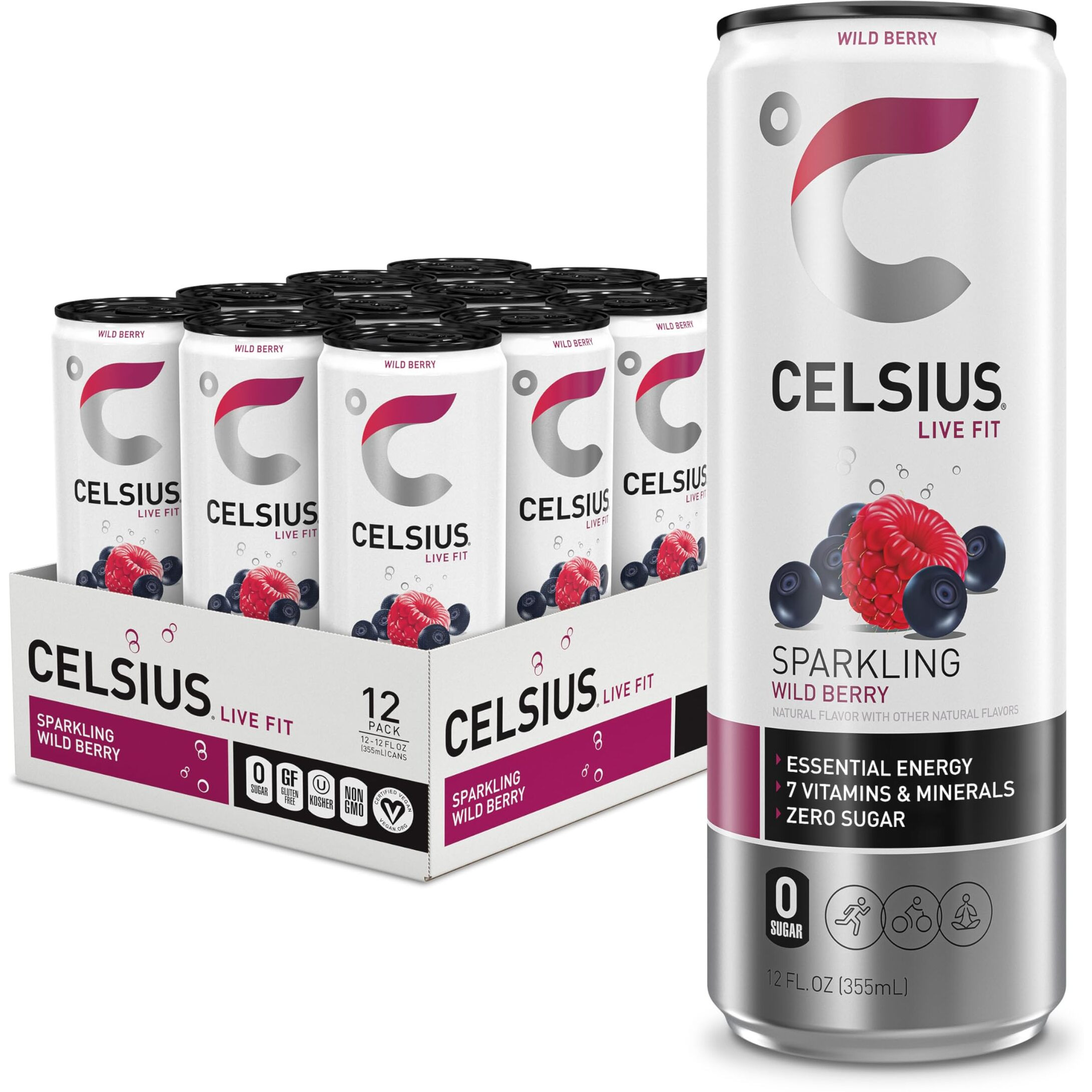Celsius Sparkling Wild Berry, Functional Essential Energy Drink 12 Fl Oz (Pack Of 12)