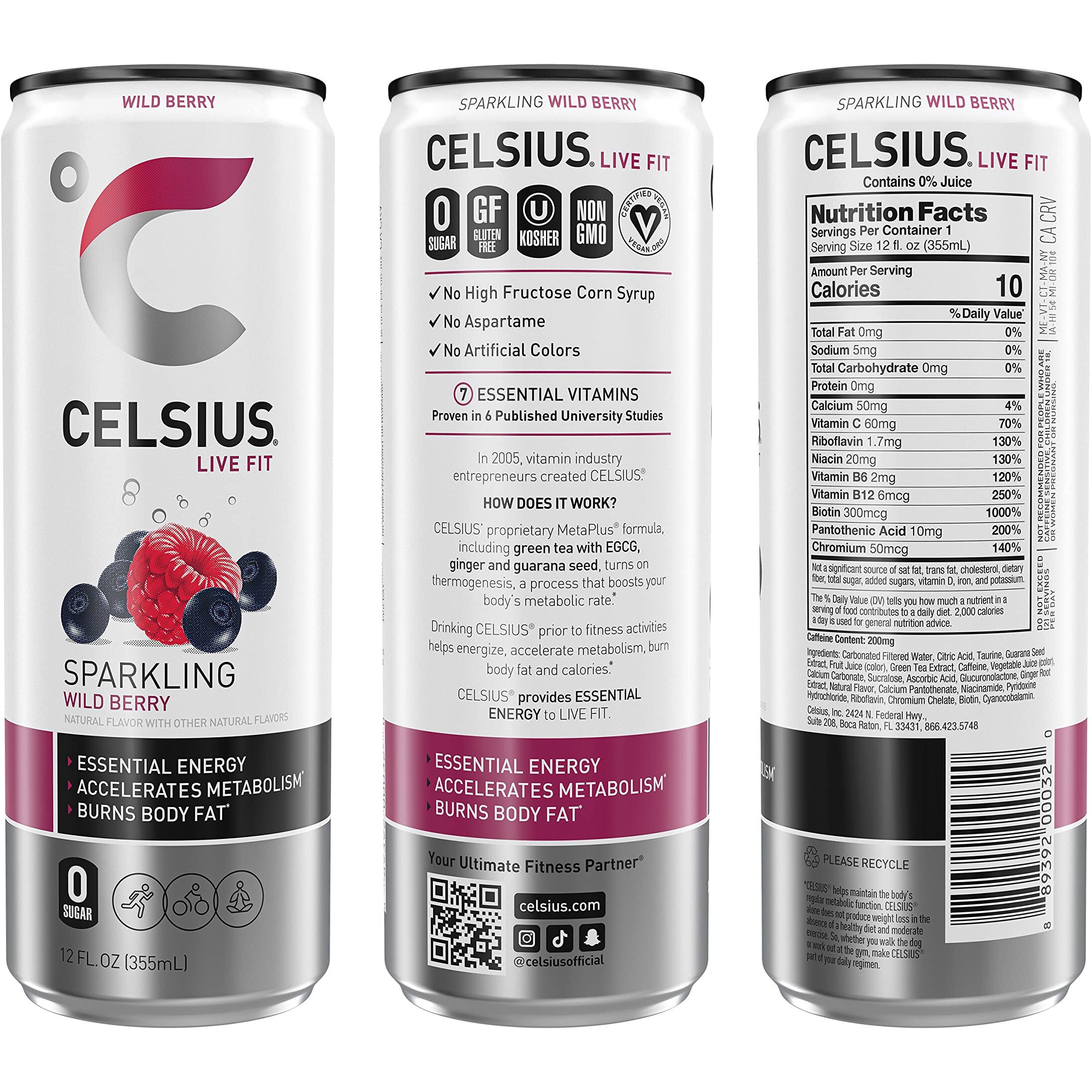 Celsius Sparkling Wild Berry, Functional Essential Energy Drink 12 Fl Oz (Pack Of 12)