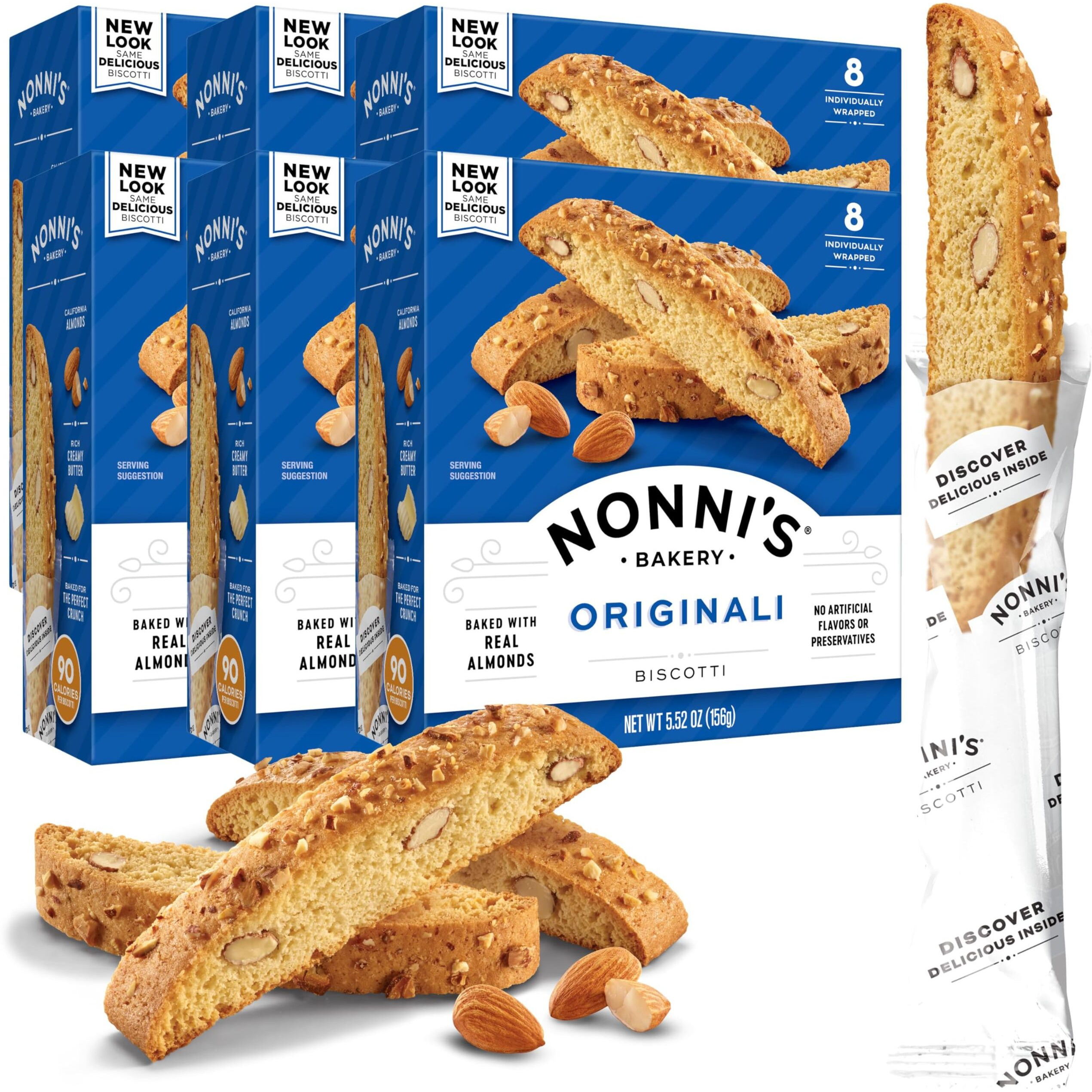 Nonni's Originali Almond Biscotti Italian Cookies - 6 Boxes Biscotti Individually Wrapped Cookies - Italian Biscotti Cookies Baked Fresh W/A Hint Of Anise & California Almonds - Kosher - 5.52 Oz