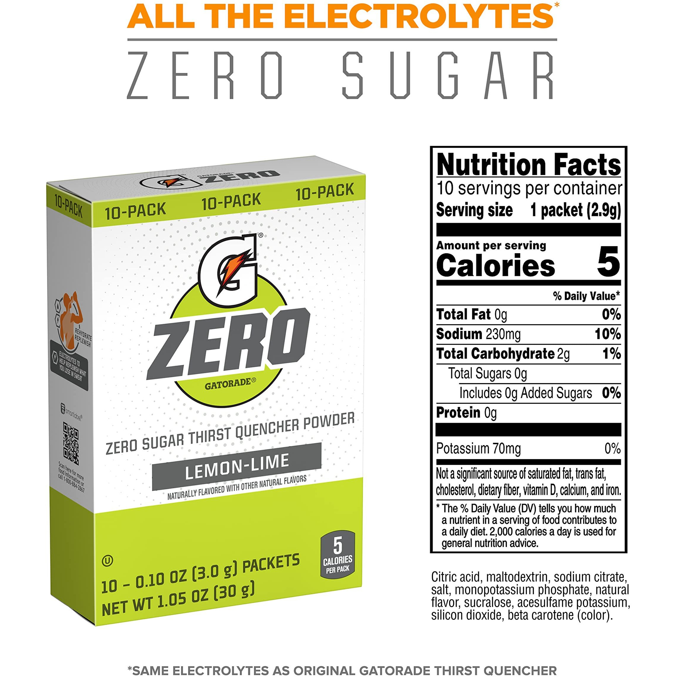 Gatorade G Zero Powder, Lemon Lime, 0.10Oz Packets, 10 Count (Pack Of 12)