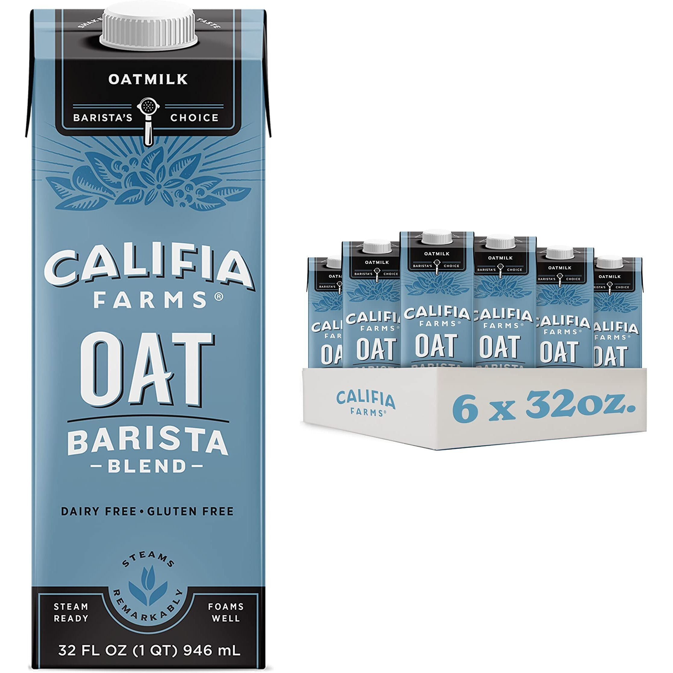 Califia Farms - Oat Barista Blend Oat Milk, 32 Oz (Pack Of 6), Shelf Stable, Dairy Free, Plant Based, Vegan, Gluten Free, Non Gmo, High Calcium, Milk Frother, Creamer, Oatmilk