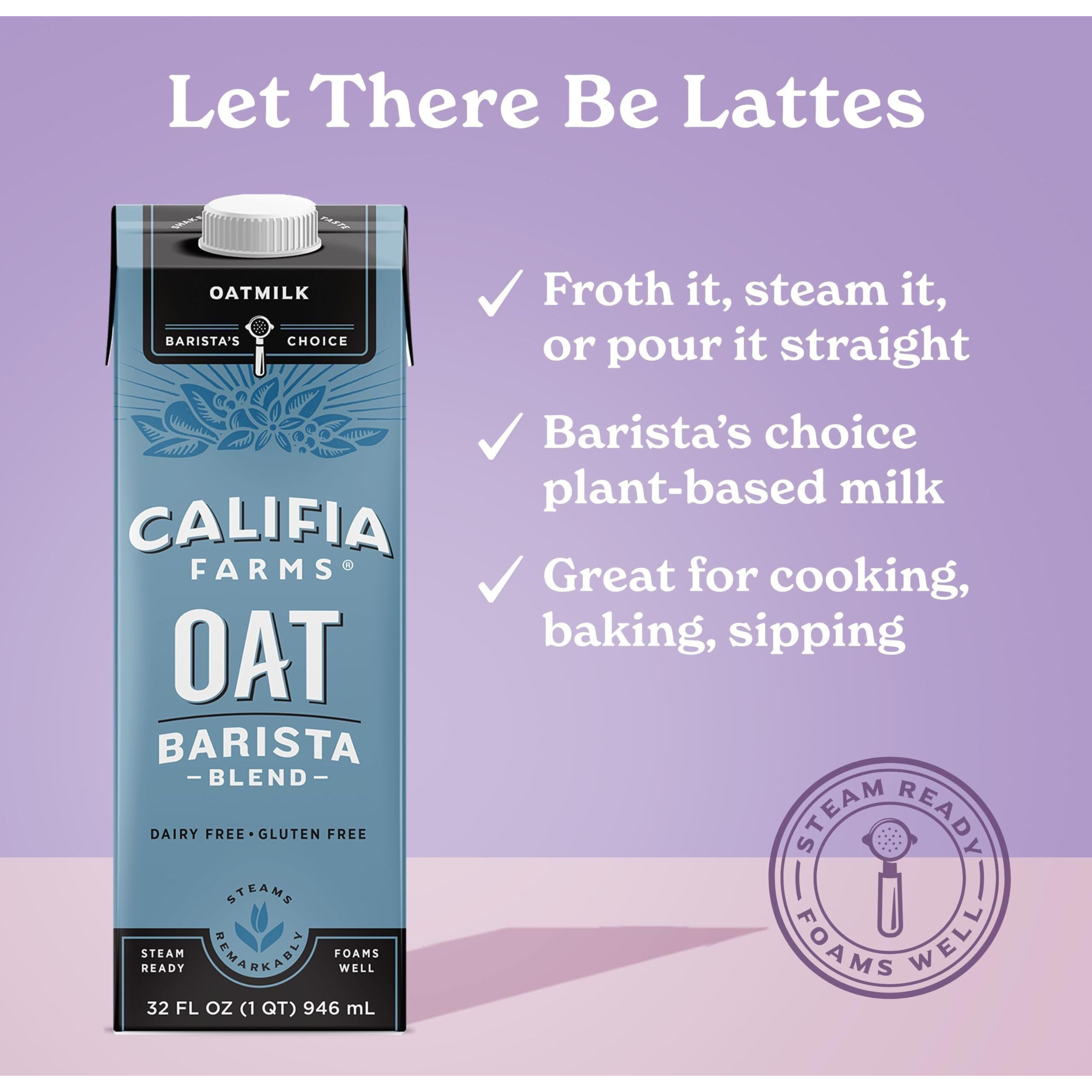 Califia Farms - Oat Barista Blend Oat Milk, 32 Oz (Pack Of 6), Shelf Stable, Dairy Free, Plant Based, Vegan, Gluten Free, Non Gmo, High Calcium, Milk Frother, Creamer, Oatmilk