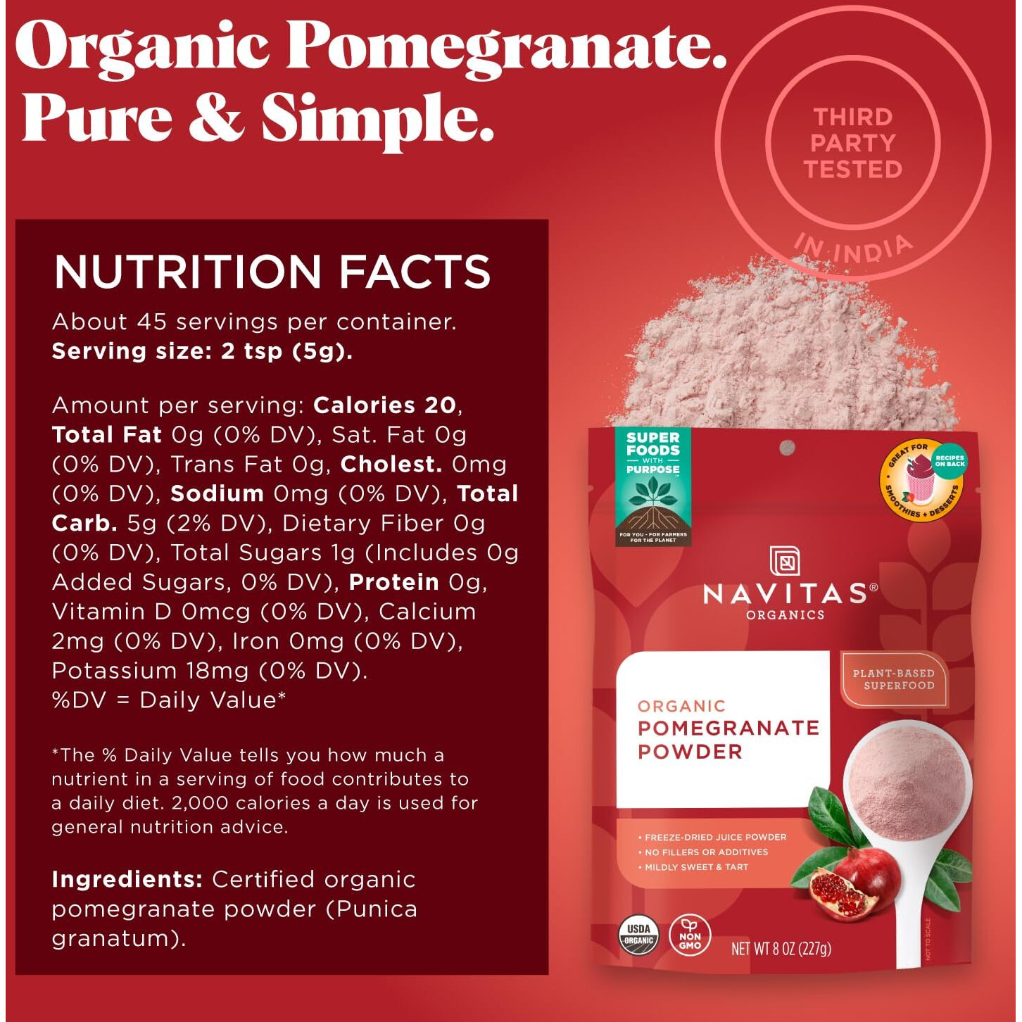Navitas Organics Pomegranate Powder, 8Oz. Bag, 45 Servings - Organic, Non-Gmo, Freeze-Dried, Gluten-Free